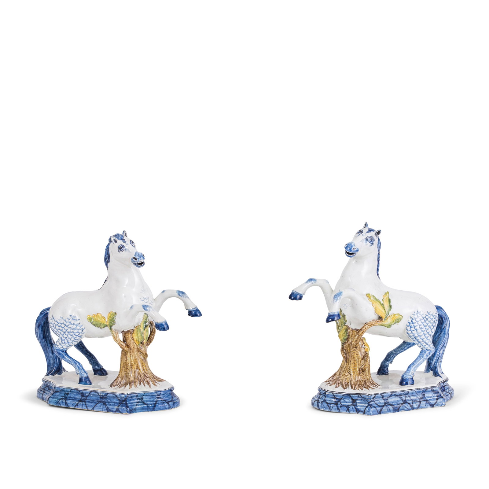A very rare and important pair of polychrome figures of rampant horses, Arnhem faience, attribut... (1 of 1)