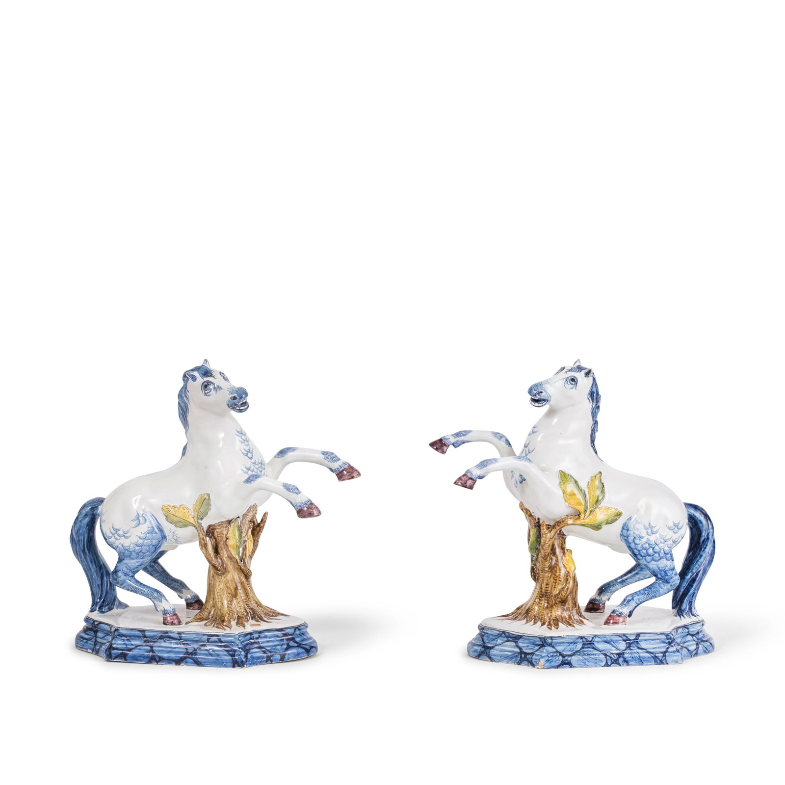 A very rare and important pair of polychrome figures of rampant horses, Arnhem faience, attribut... (1 of 1)