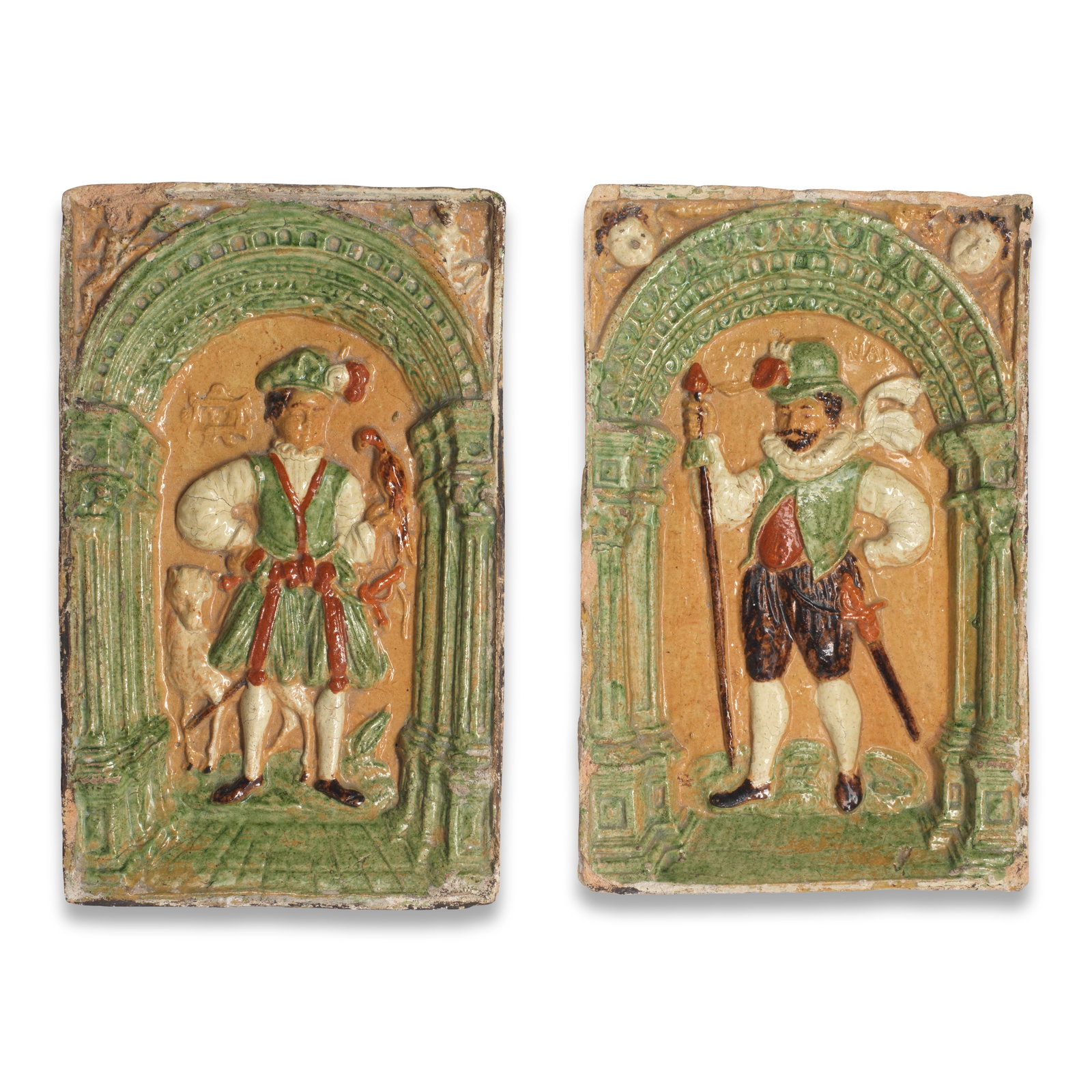 Two German lead-glazed rectangular stove tiles, probably Cologne, late 16th century (1 of 1)