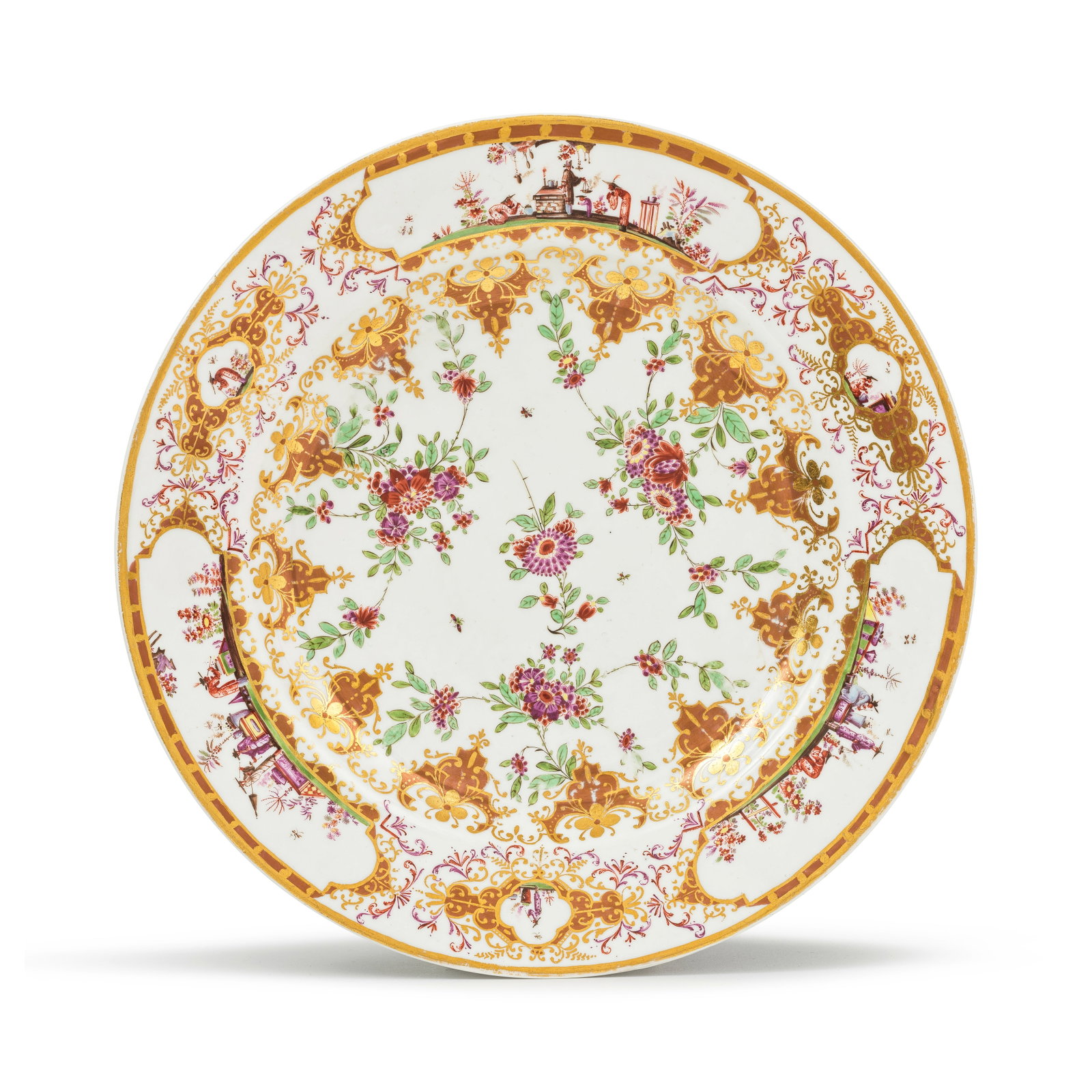 A Meissen circular stand, circa 1725-30: A Meissen circular stand, circa 1725-30 Finely painted with three large and three small chinoiserie scenes around the rim, each within a gilt scrollwork and Böttger lustre cartouche edged with pu
