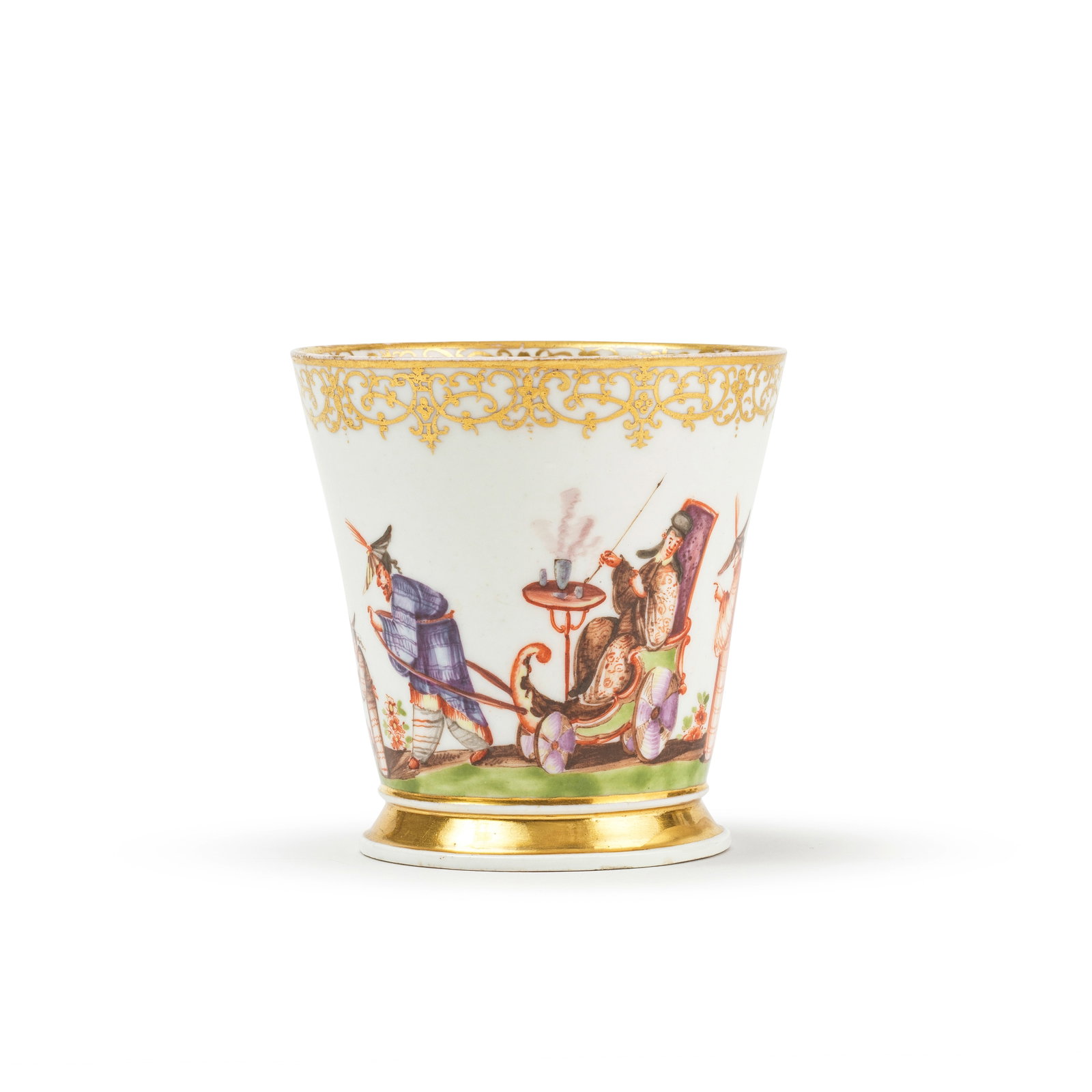 A Meissen beaker, circa 1725: A Meissen beaker, circa 1725 Of flared, conical form, finely painted with a continuous chinoiserie scene depicting a figure seated in a chariot pulled by another figure, flanked by a child with a dog 