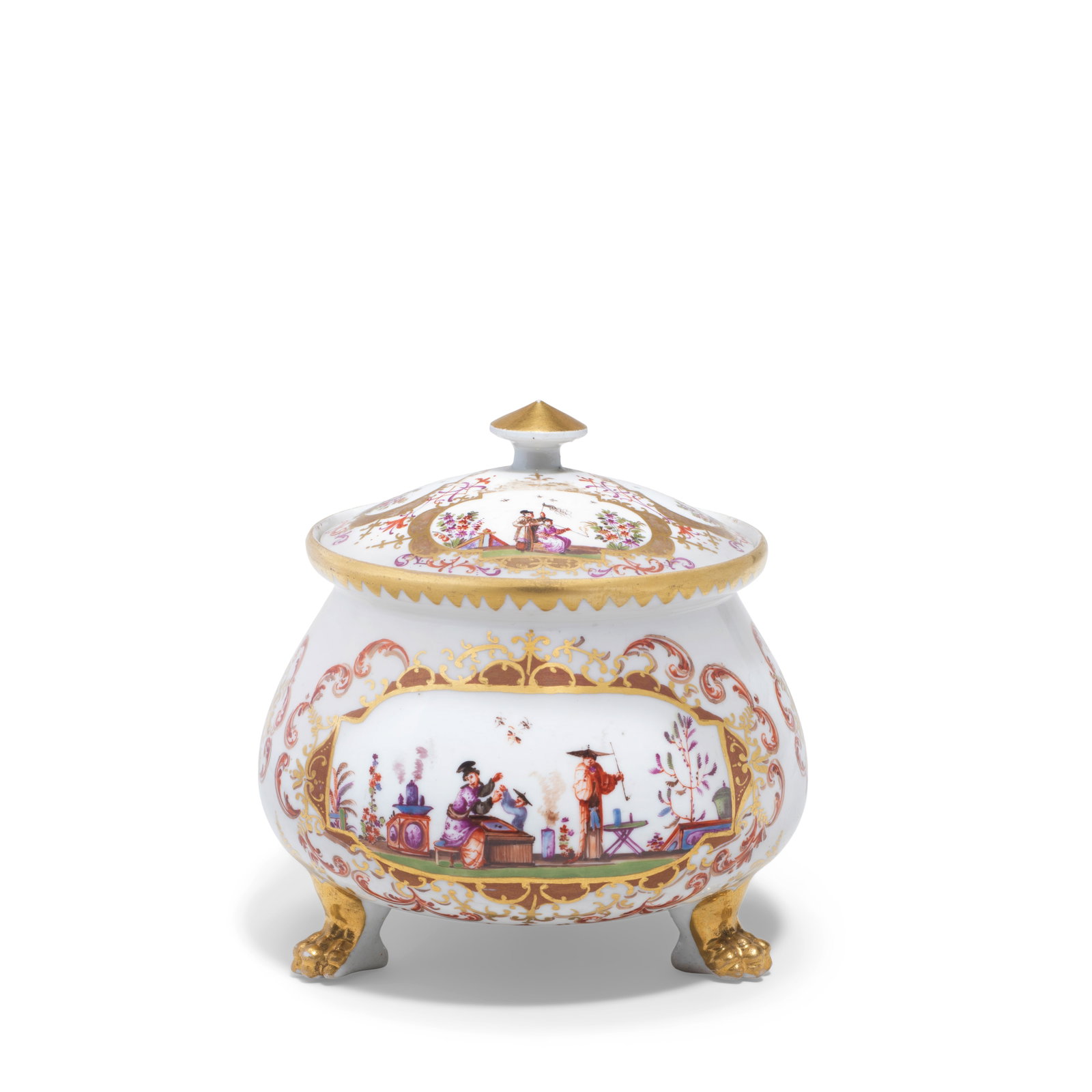 A Meissen cream pot and associated cover, circa 1725-30: A Meissen cream pot and associated cover, circa 1725-30 Both decorated with three chinoiserie scenes within gilt scrollwork cartouches, on the pot embellished with Böttger lustre and edged with i