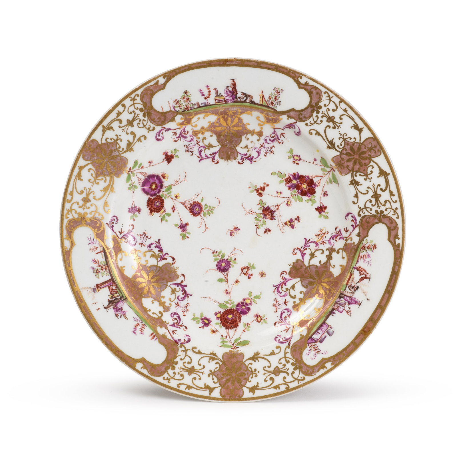 A Meissen circular stand, circa 1725-30: A Meissen circular stand, circa 1725-30 Finely painted with three chinoiserie scenes around the rim, each within an elaborate gilt scrollwork cartouche filled with Böttger lustre and a floral and