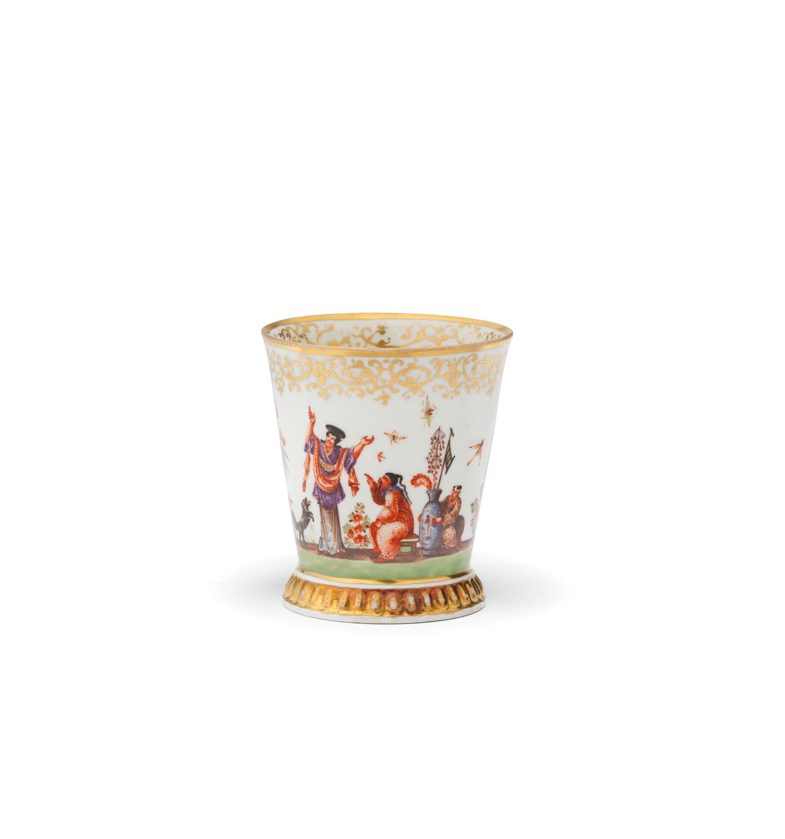 A Meissen beaker, circa 1725: A Meissen beaker, circa 1725 Of flared, conical form, finely painted with a continuous Chinoiserie scene depicting a woman cradling the head of a man in her lap, a child beside them, the reverse with 