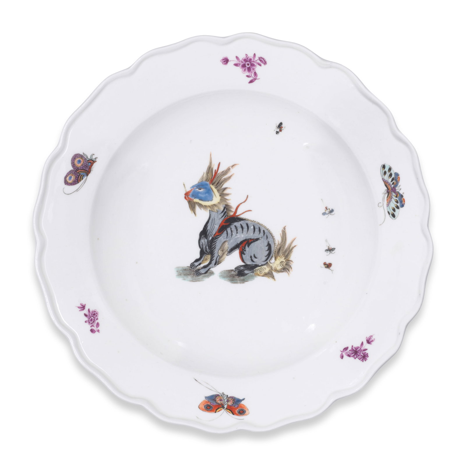 A Meissen plate, circa 1740: A Meissen plate, circa 1740 Painted with a seated kylin-like animal (Fabeltier) surrounded by small scattered insects, the rim with alternating butterflies and purple sprigs of indianische Blumen, 24c