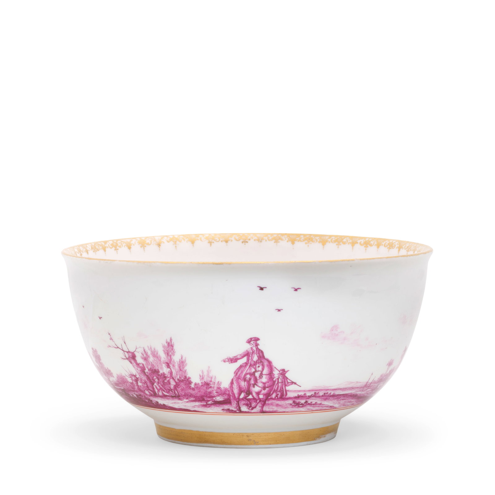 A documentary Meissen waste bowl, dated 1742: A documentary Meissen waste bowl, dated 1742 Painted in puce camaieu with a continuous river landscape scene with figures lounging in front of an obelisk inscribed with a crowned 'AR' monogram over a 