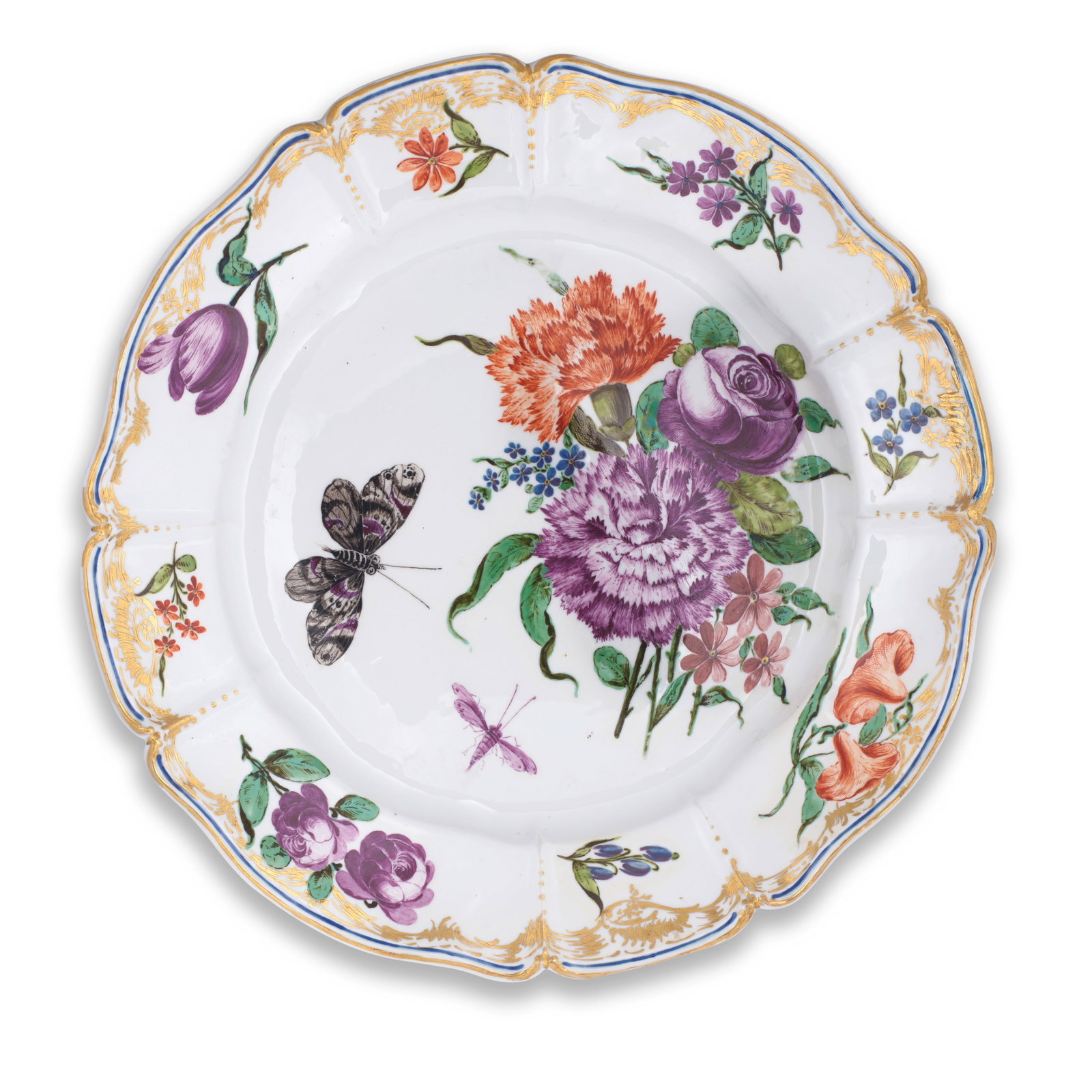A Nymphenburg plate from the 'Hofservice', circa 1760-65: A Nymphenburg plate from the 'Hofservice', circa 1760-65 Probably painted by J. Zächenberger, with a large flower spray, a butterfly and a puce insect in the well, the lobed rim with flower sprig