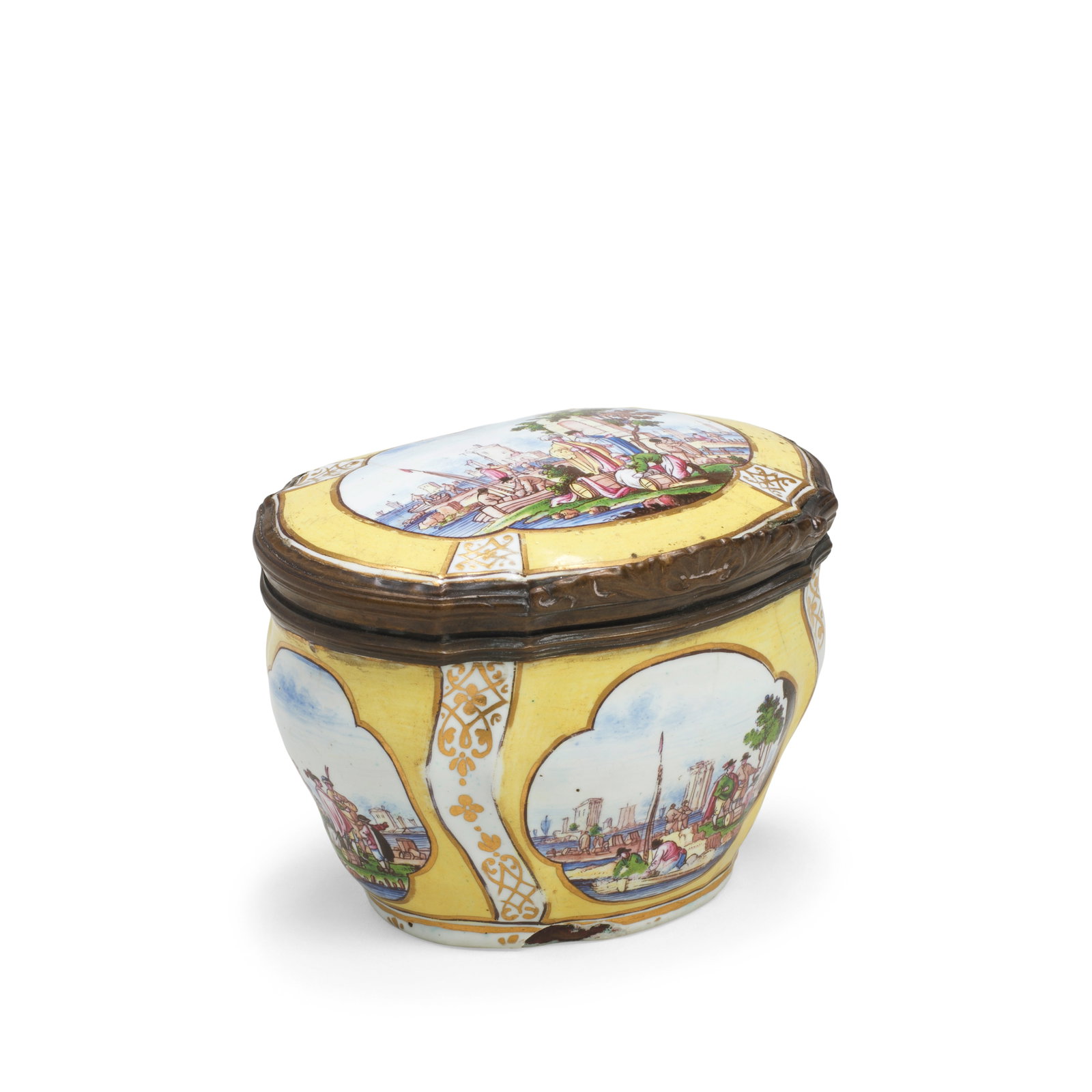 A German enamel yellow-ground snuff box, circa 1740 (1 of 1)