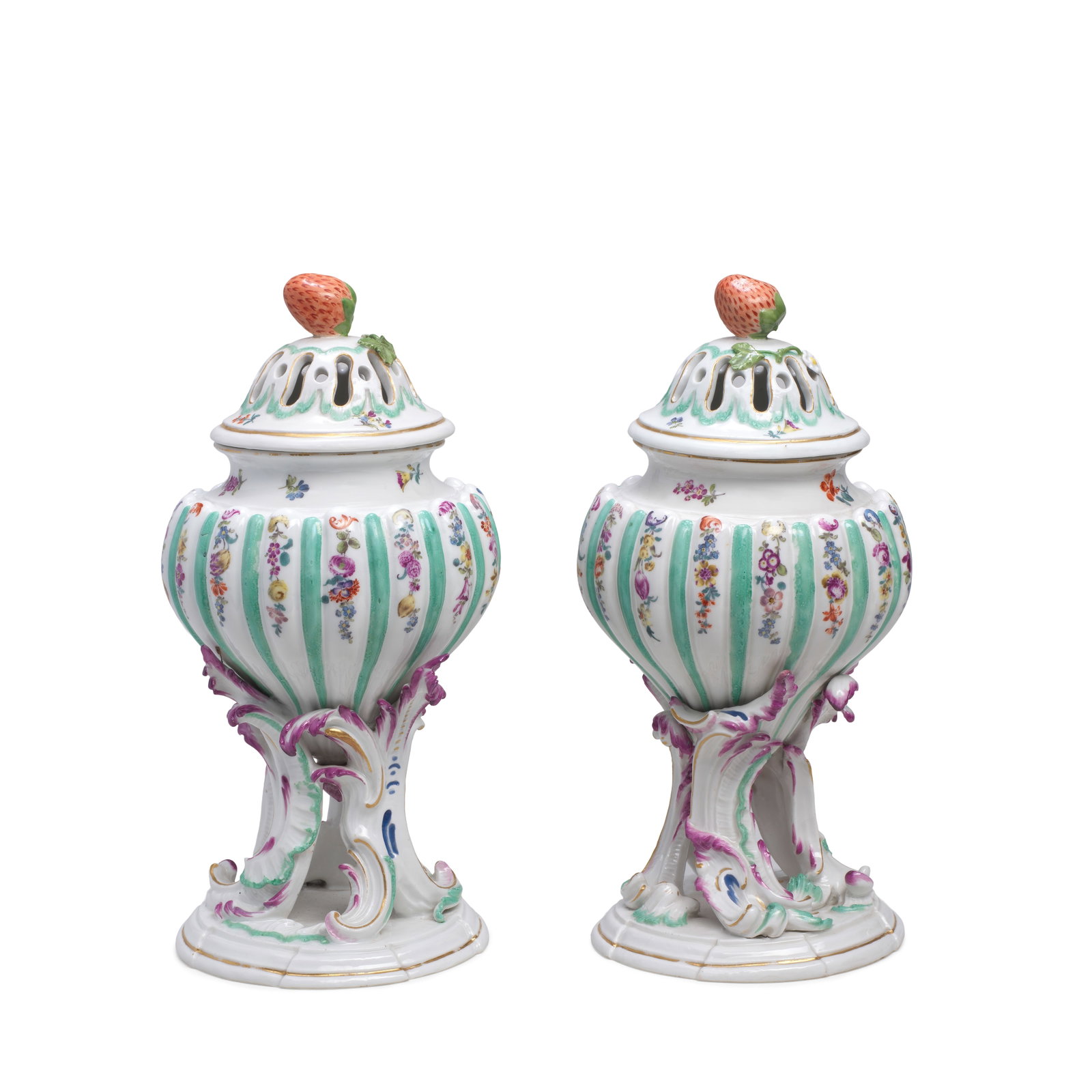 A pair of Meissen pot-pourri vases and covers, circa 1760: A pair of Meissen pot-pourri vases and covers, circa 1760 Each body moulded with gadrooning and decorated in turquoise alternating with floral swags, on scrolling feet moulded with rocailles heightene