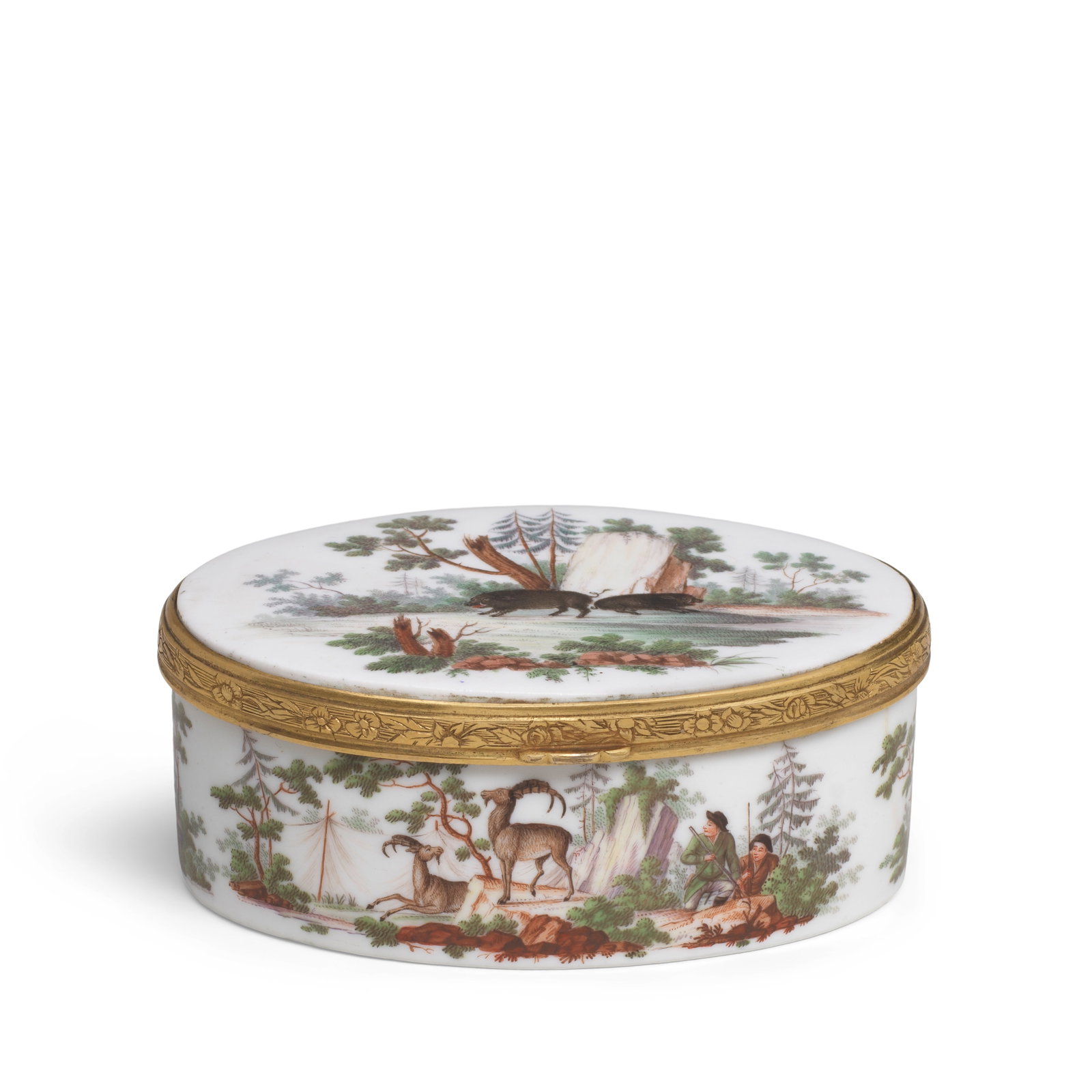 A German gilt-metal-mounted oval snuff box, possibly Meissen, circa 1760 (1 of 1)
