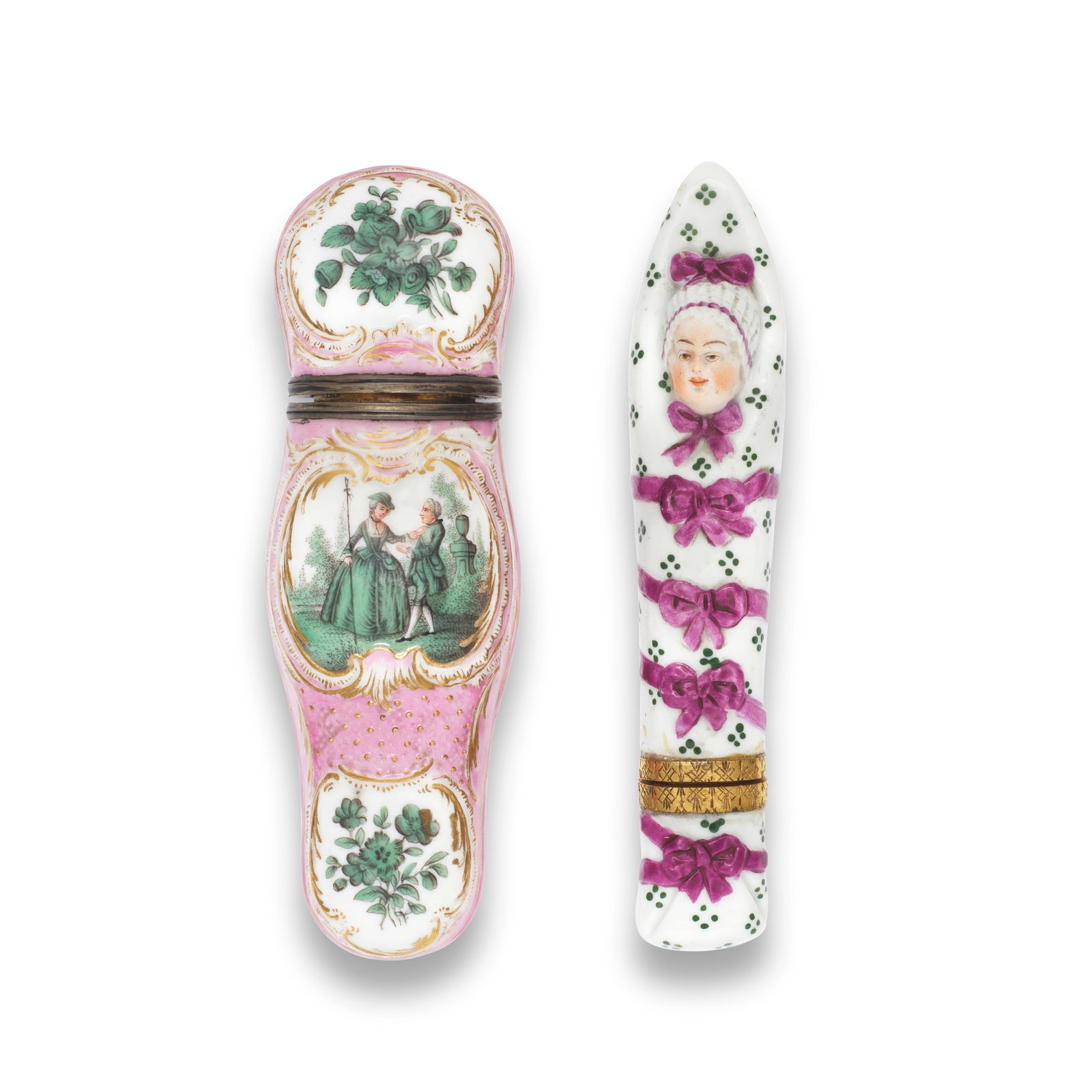 A Volkstedt 'Wickelkind' etui, circa 1780, together with a Meissen needlecase, 19th century: A Volkstedt 'Wickelkind' etui, circa 1780, together with a Meissen needlecase, 19th century The 'Wickelkind' swaddled in fabric decorated with green dots and purple ribbons with bows, with a gilt meta