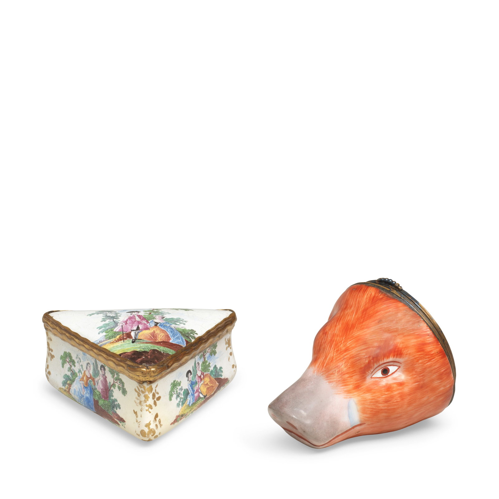 A Continental triangular enamel snuff box, probably German, circa 1760, together with a Birmingh... (1 of 1)