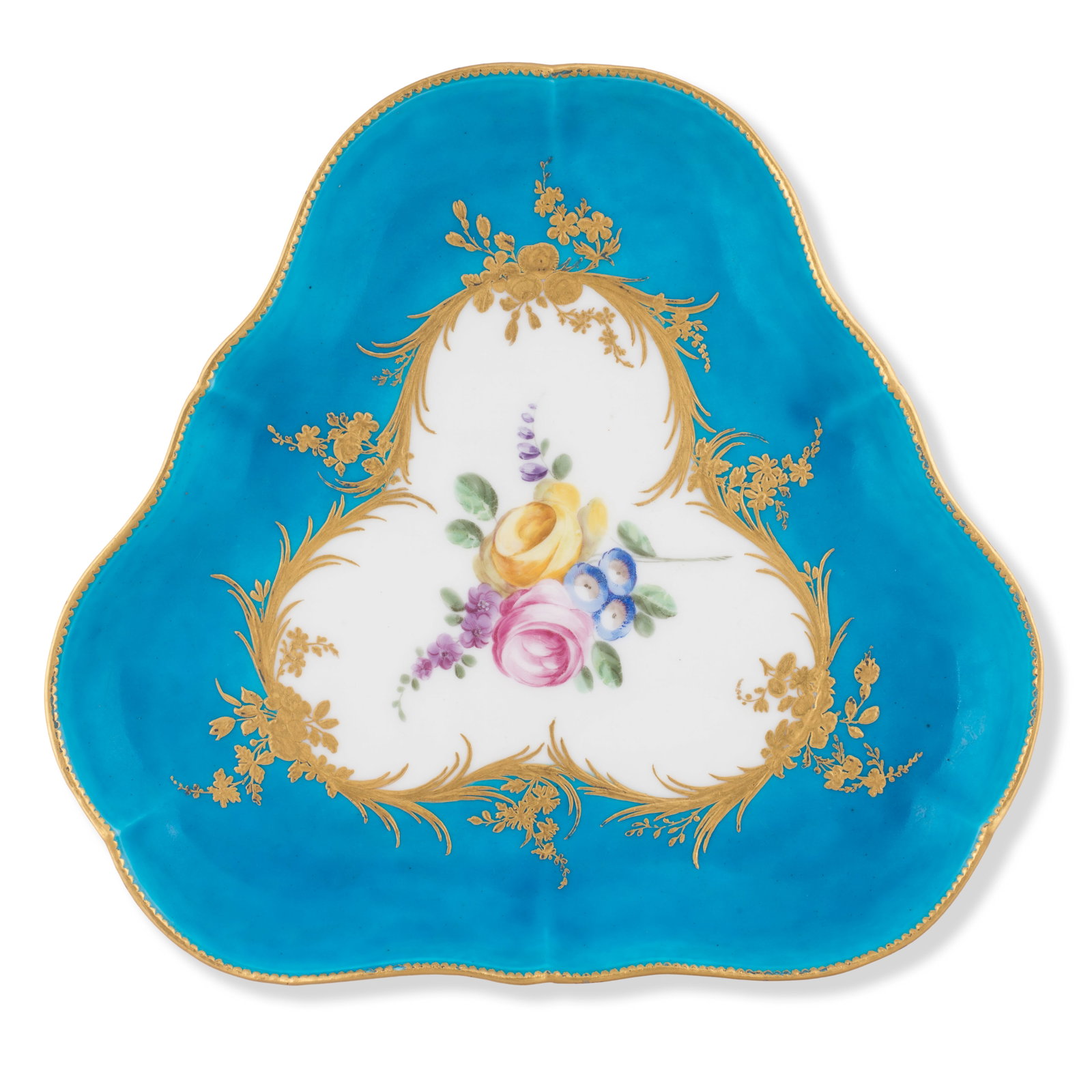 A Vincennes bleu céleste-ground triangular dish (plateau triangle), dated 1755 (1 of 1)
