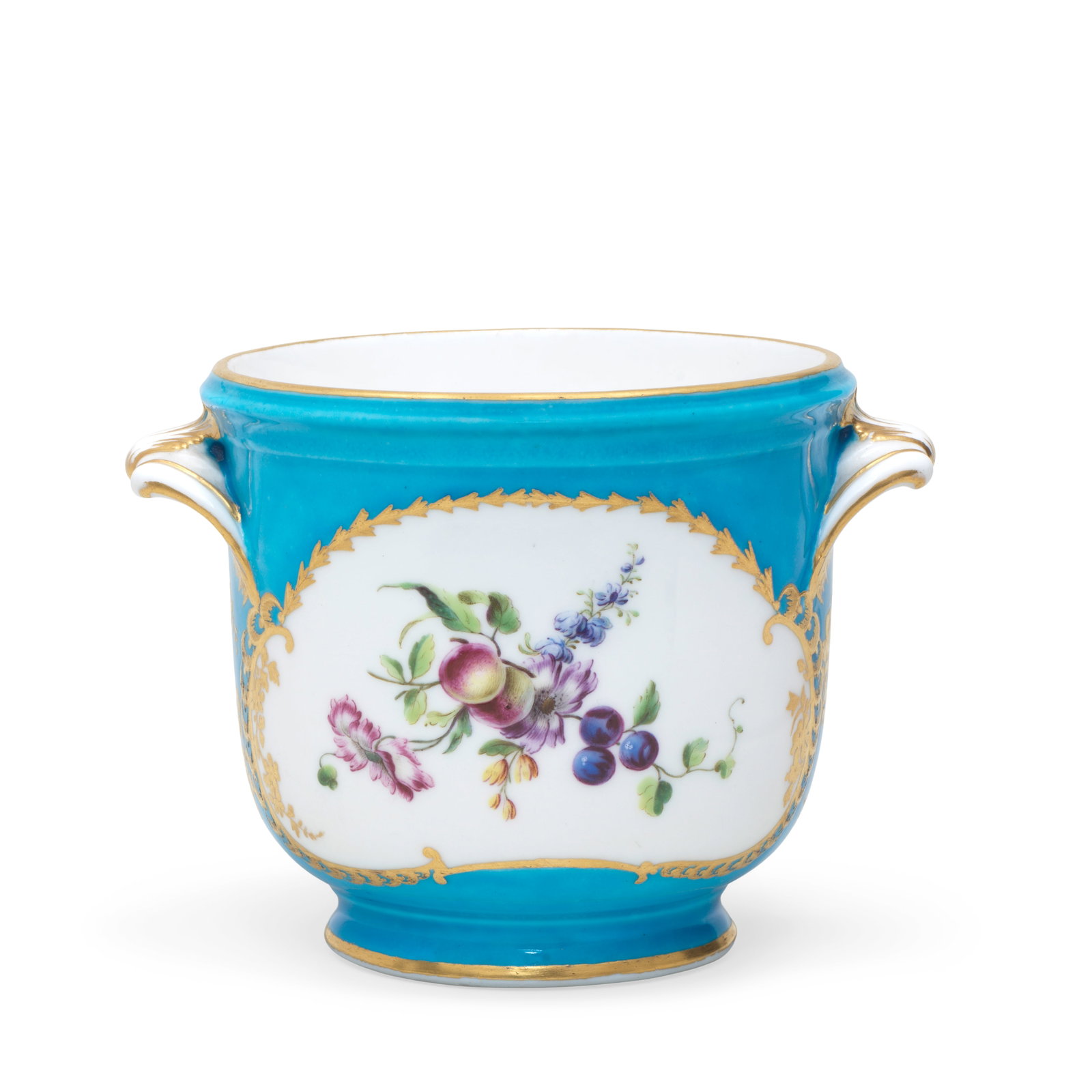 A rare Sèvres bleu céleste-ground glass cooler (seau à verre) from the Louis XV s...: A rare Sèvres bleu céleste-ground glass cooler (seau à verre) from the Louis XV service, circa 1753-54 Each side reserved with a panel painted by Claude-Joseph Cardin with a spray of fr