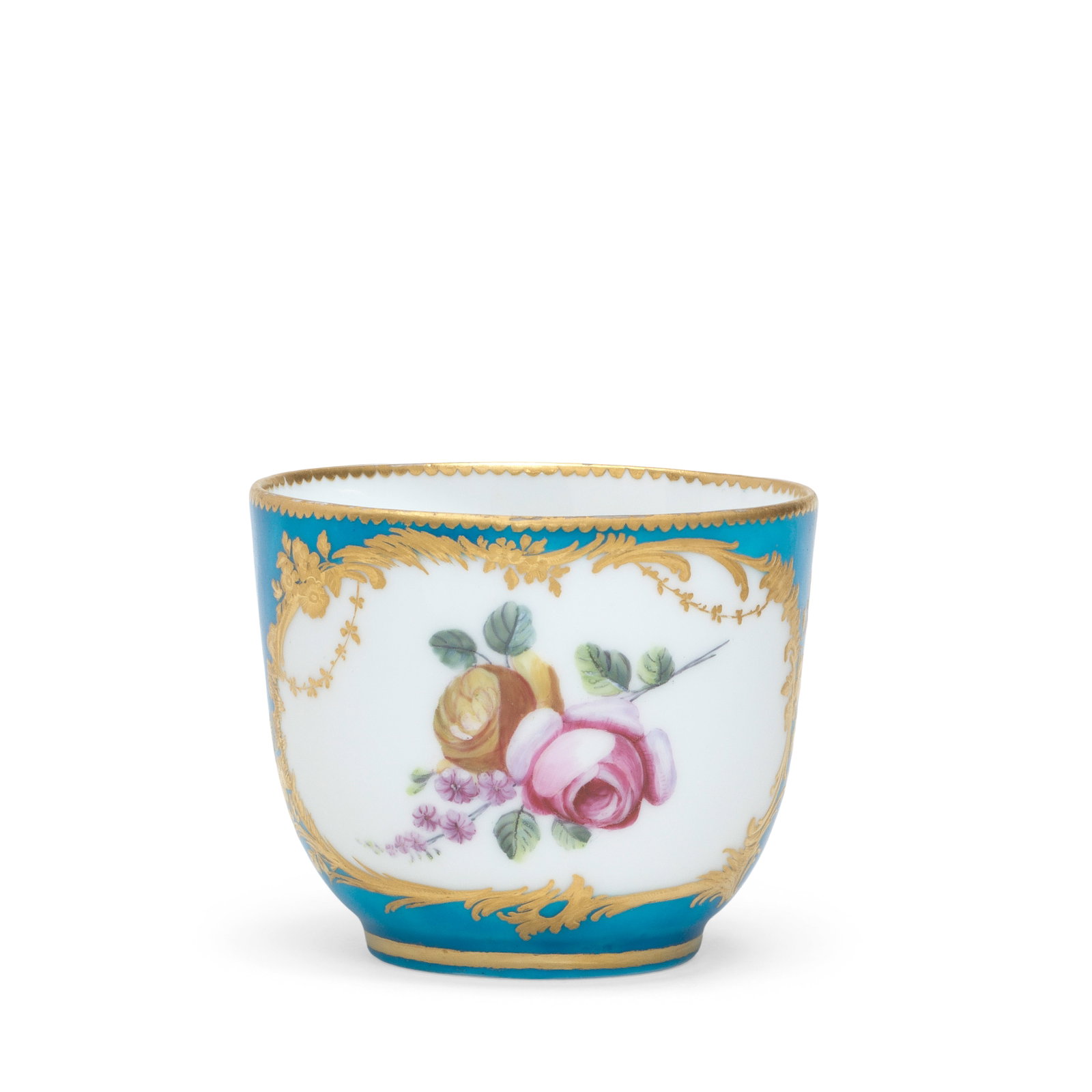 A Vincennes bleu céleste-ground cup (gobelet Bouillard), dated 1755: A Vincennes bleu céleste-ground cup (gobelet Bouillard), dated 1755 Of the first size, painted with a coloured flower spray within an oval reserve edged with gilt scrollwork, flowers and foliage 