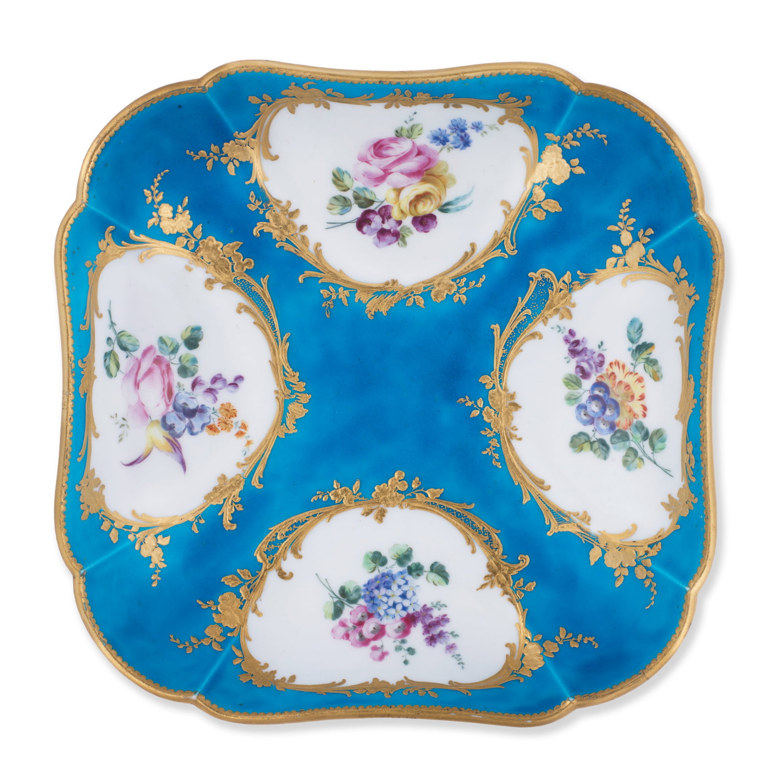 A Sèvres bleu-céleste ground square dish (compotier carré), dated 1757: A Sèvres bleu-céleste ground square dish (compotier carré), dated 1757 Reserved with four flower panels painted by Jean-Baptiste Tandart with gilt borders of scrollwork, including seede