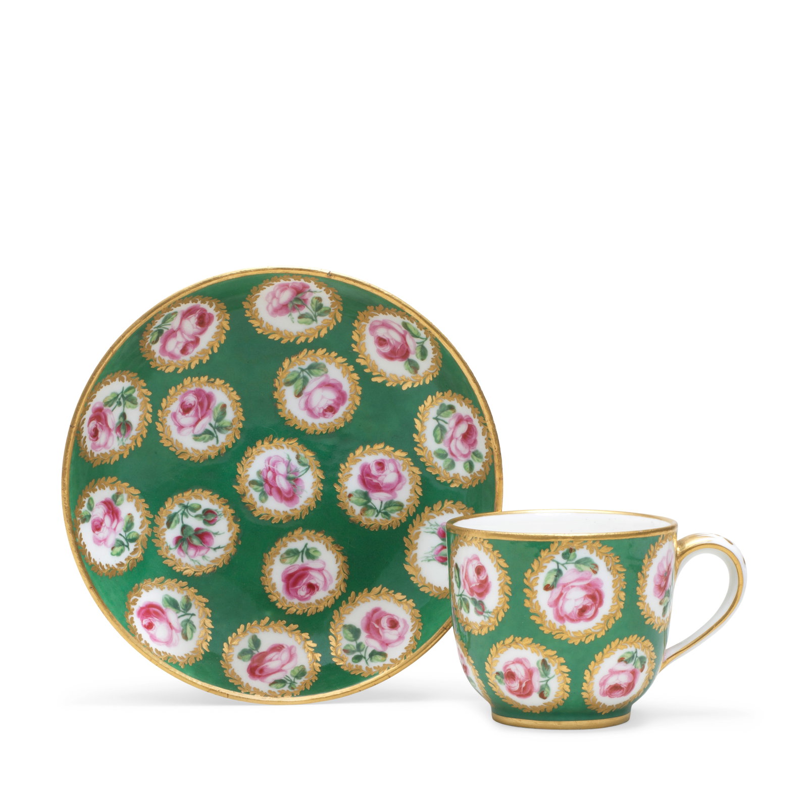 A Sèvres green-ground cup and saucer (gobelet Bouillard et soucoupe), dated 1768: A Sèvres green-ground cup and saucer (gobelet Bouillard et soucoupe), dated 1768 Of the first size, painted by Guillaume Noël with roses surrounded by gilt foliage against a green ground, th