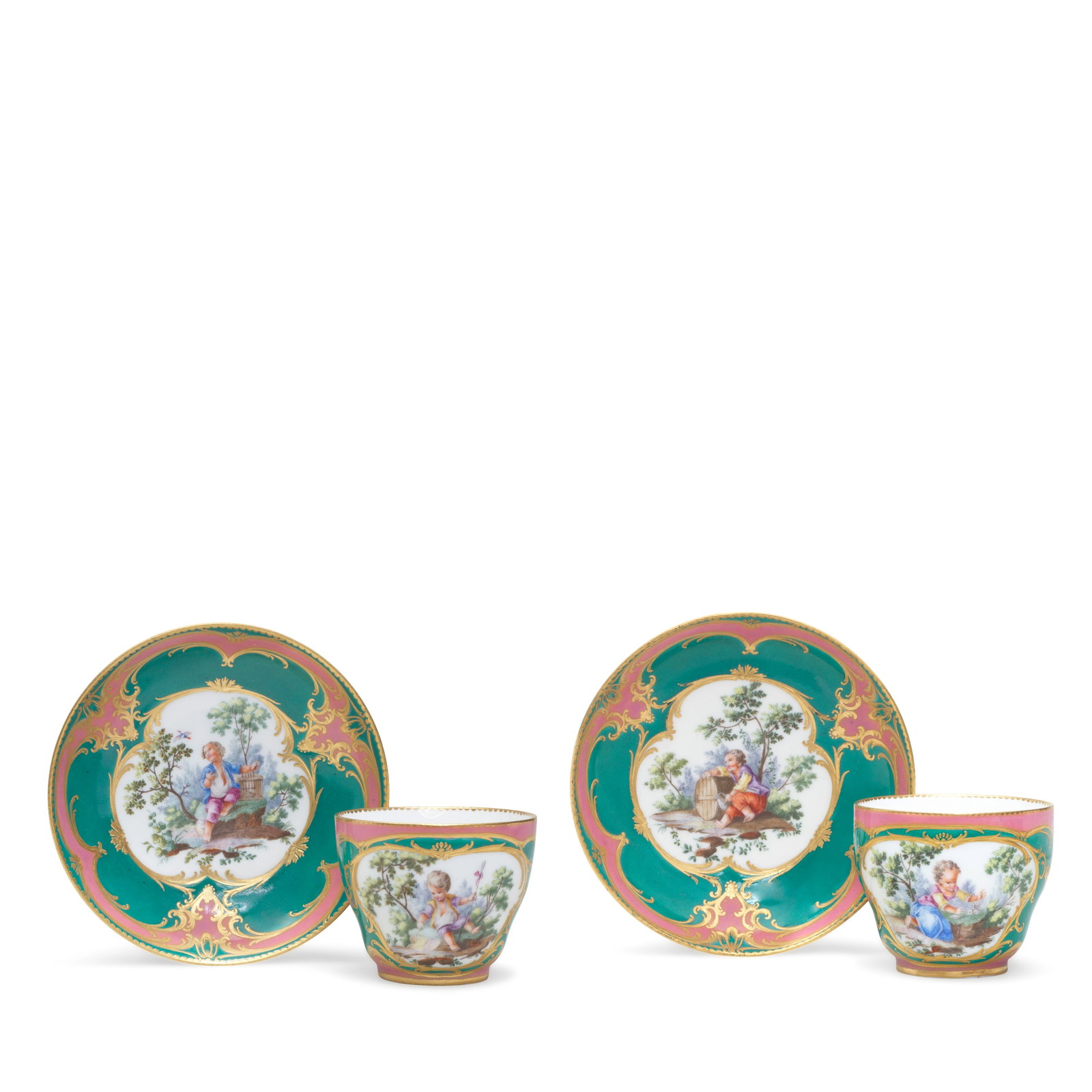 A very rare pair of Sèvres pink and green ground cups and saucers (gobelet 'Hébert' et...: A very rare pair of Sèvres pink and green ground cups and saucers (gobelet 'Hébert' et soucoupe), dated 1760 Of the second size, each reserved with a panel painted with a child in a landscap