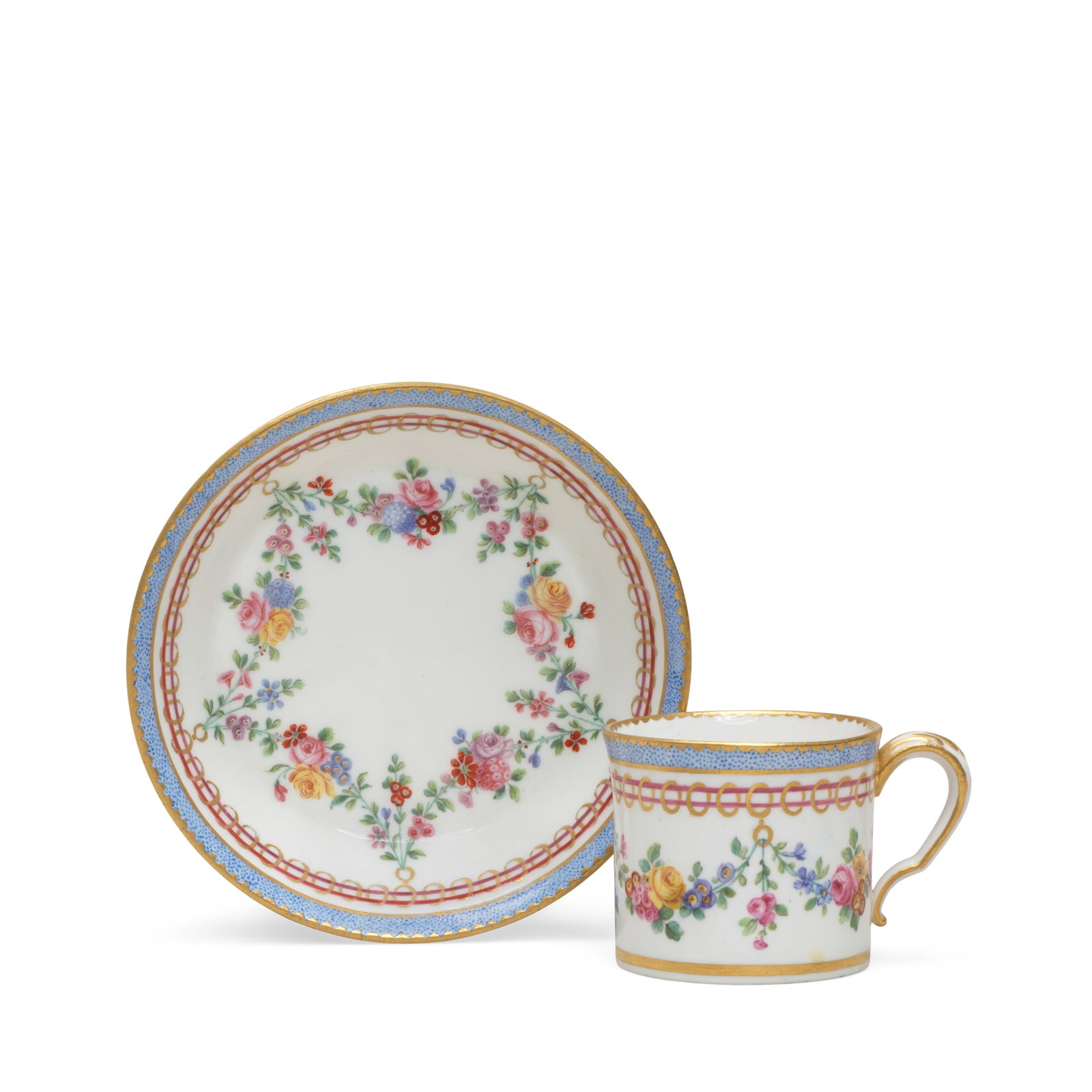 A small Sèvres cup and saucer (gobelet litron et soucoupe), dated 1771: A small Sèvres cup and saucer (gobelet litron et soucoupe), dated 1771 Of the fourth size, each painted with colourful floral swags hung from a border of gilt rings around two red lines, blue see