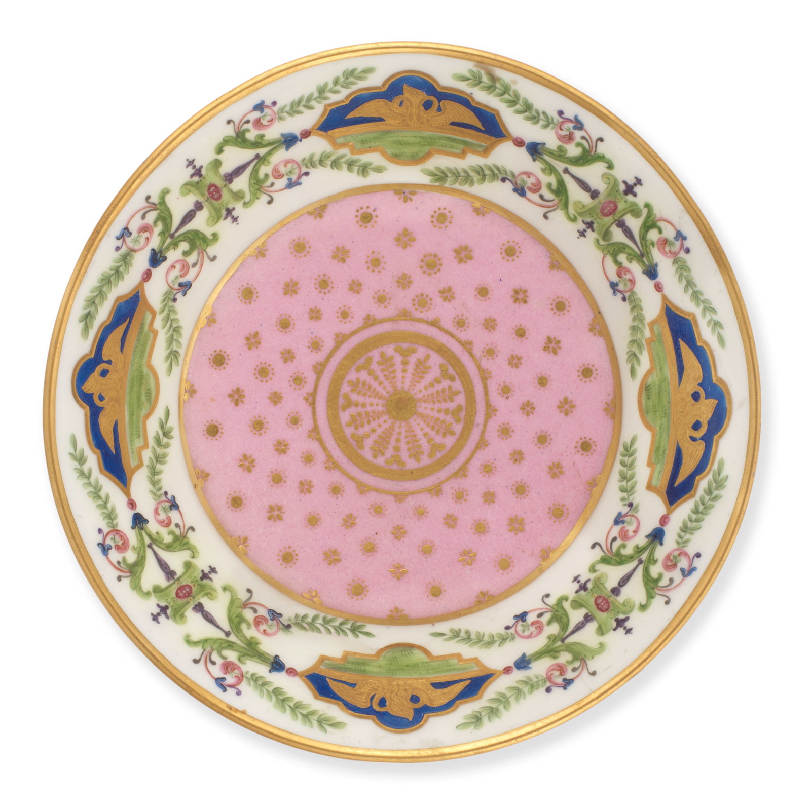 A Sèvres pink-ground saucer, dated 1778: A Sèvres pink-ground saucer, dated 1778 Painted by Jean-Nicolas Le Bel (le jeune), the pink-ground well decorated with gilt dots and floral motifs, the rim with a border of four panels enclosing 