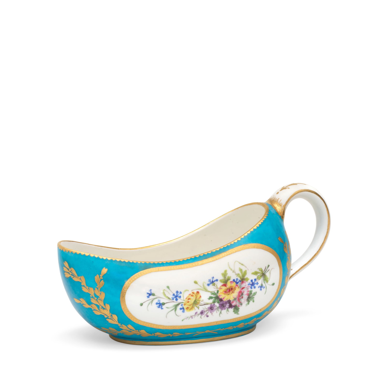A Sèvres bleu-céleste ground bourdalou, dated 1792: A Sèvres bleu-céleste ground bourdalou, dated 1792 Painted by Michel-Gabriel Commelin with flowers within gilt-edged panels surrounded by berried gilt foliage against the blue ground, the ri