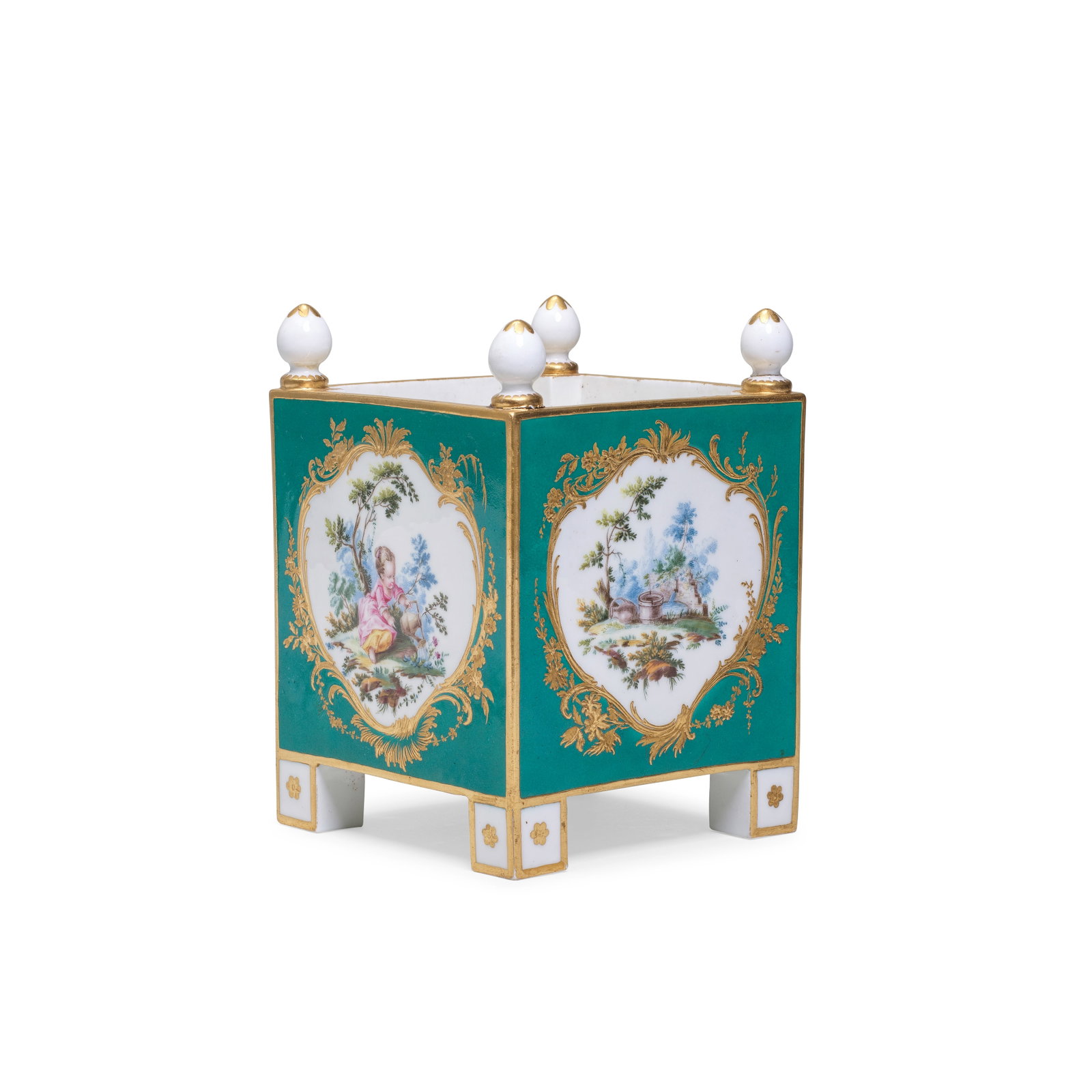 A Sèvres green-ground orange tub (caisse à fleurs carrée), circa 1758: A Sèvres green-ground orange tub (caisse à fleurs carrée), circa 1758 Of the first size, each side reserved with a shaped panel, one painted with a child watering flowers in a landscape