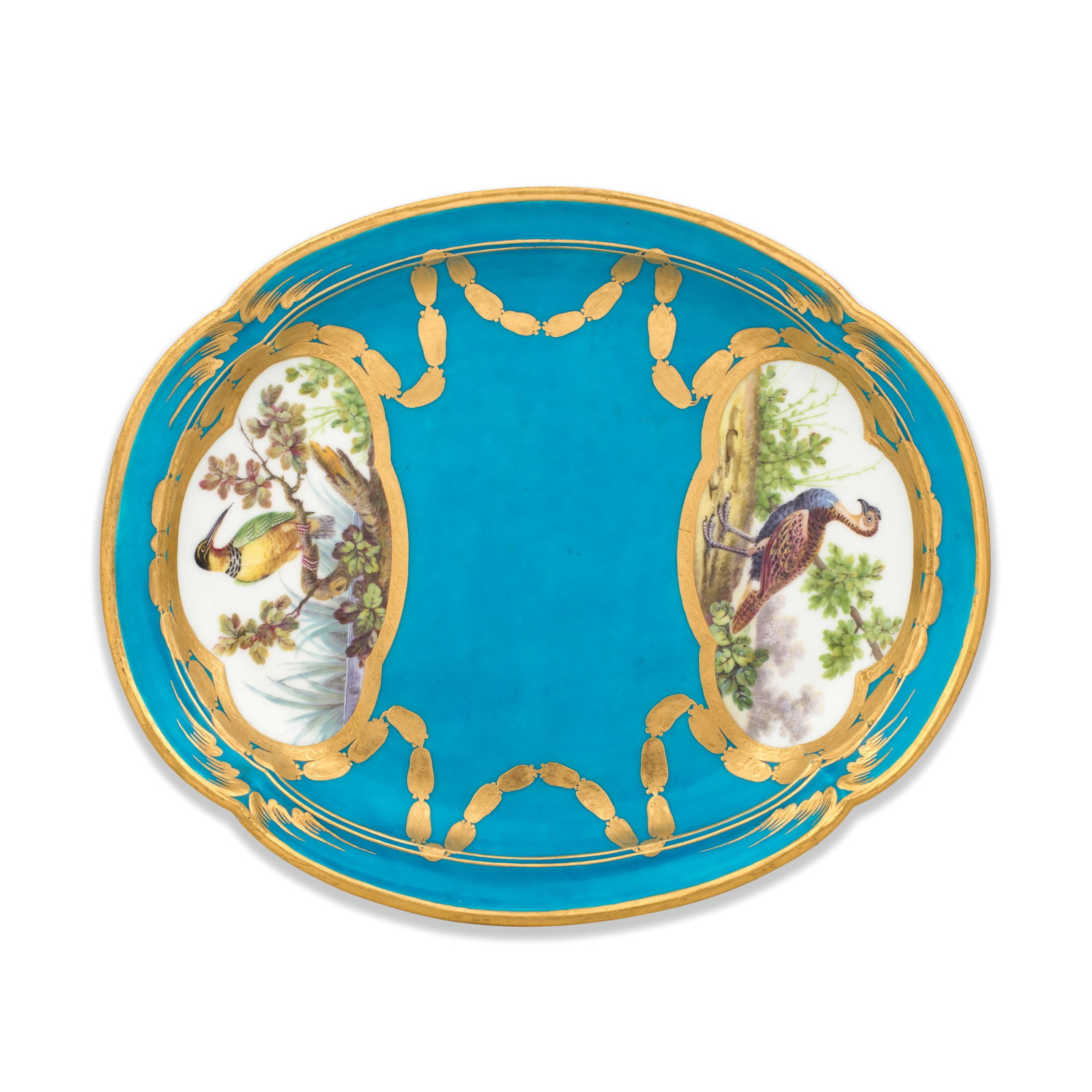 A Sèvres bleu-céleste ground ornithological stand probably from the service for Nikola...: A Sèvres bleu-céleste ground ornithological stand probably from the service for Nikolai Chotinski, dated 1768 Reserved with two gilt-edged oval panels painted by François-Joseph Aloncle