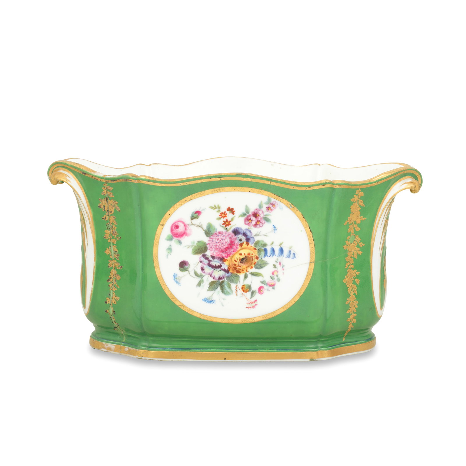 A Sèvres green-ground flower vase (cuvette à fleurs 'Roussel'), dated 1770: A Sèvres green-ground flower vase (cuvette à fleurs 'Roussel'), dated 1770 The apple green ground reserved with a gilt-edged quatrelobe cartouche enclosing fruit and flowers, the rim with a 