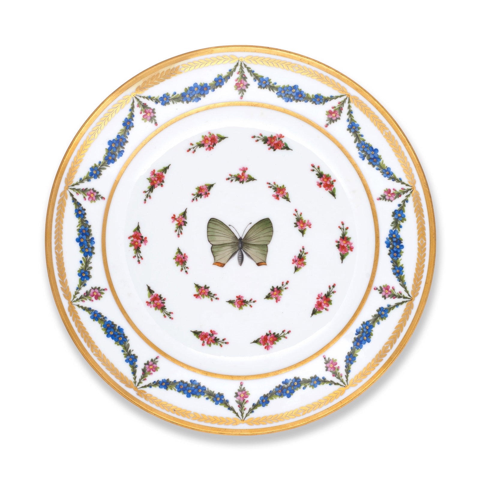 A Sèvres hard-paste plate from the 'service fleurettes et papillons colorés' for Charl...: A Sèvres hard-paste plate from the 'service fleurettes et papillons colorés' for Charles X, circa 1822 Decorated with a central butterfly surrounded by pink forget-me-not sprigs, the rim wit