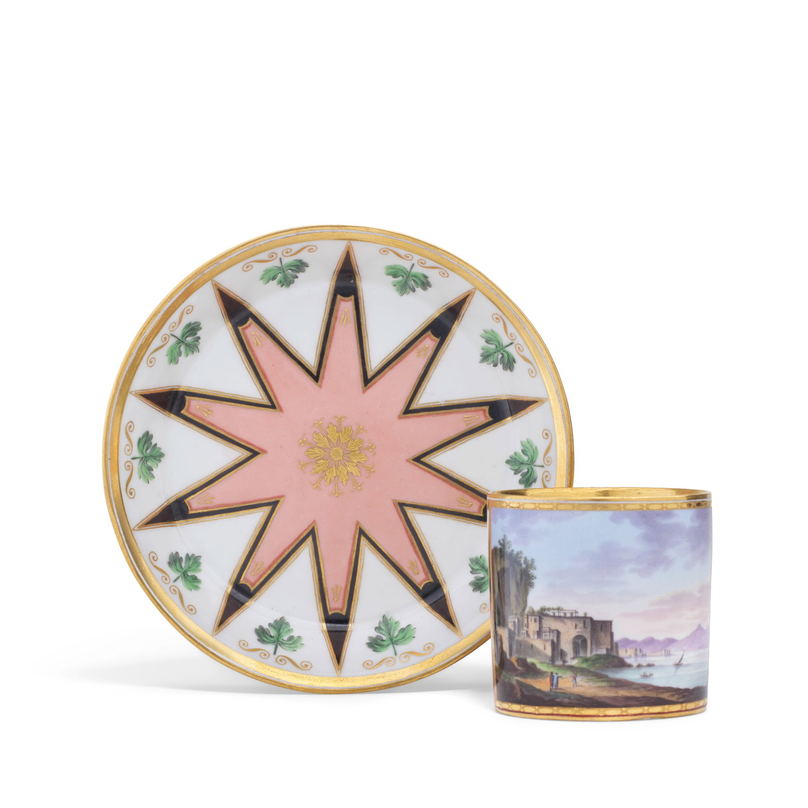 A Vienna topographical cup and saucer with a view of the coast of Posilipo near Naples, circa 1805: A Vienna topographical cup and saucer with a view of the coast of Posilipo near Naples, circa 1805 The cup painted with a scene after Jean Claude Richard de Saint-Non, titled to the underside 'Vue d'a