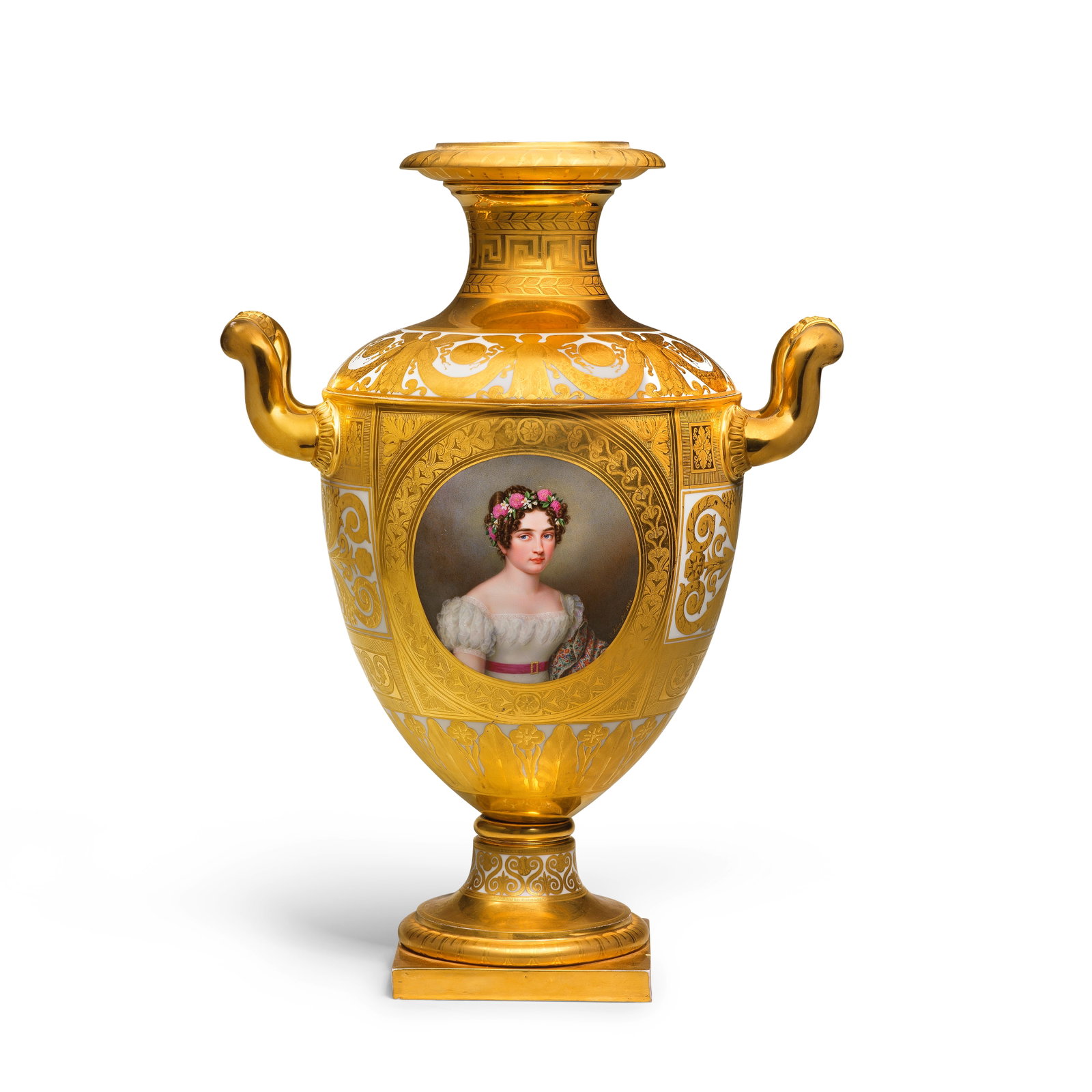 A documentary Nymphenburg portrait vase depicting Crown Princess Elisabeth of Prussia, dated 1824: A documentary Nymphenburg portrait vase depicting Crown Princess Elisabeth of Prussia, dated 1824 Superbly painted by Christian Adler, signed l.r. 'C:Adler. fec; 1824.', within a burnished and tooled 