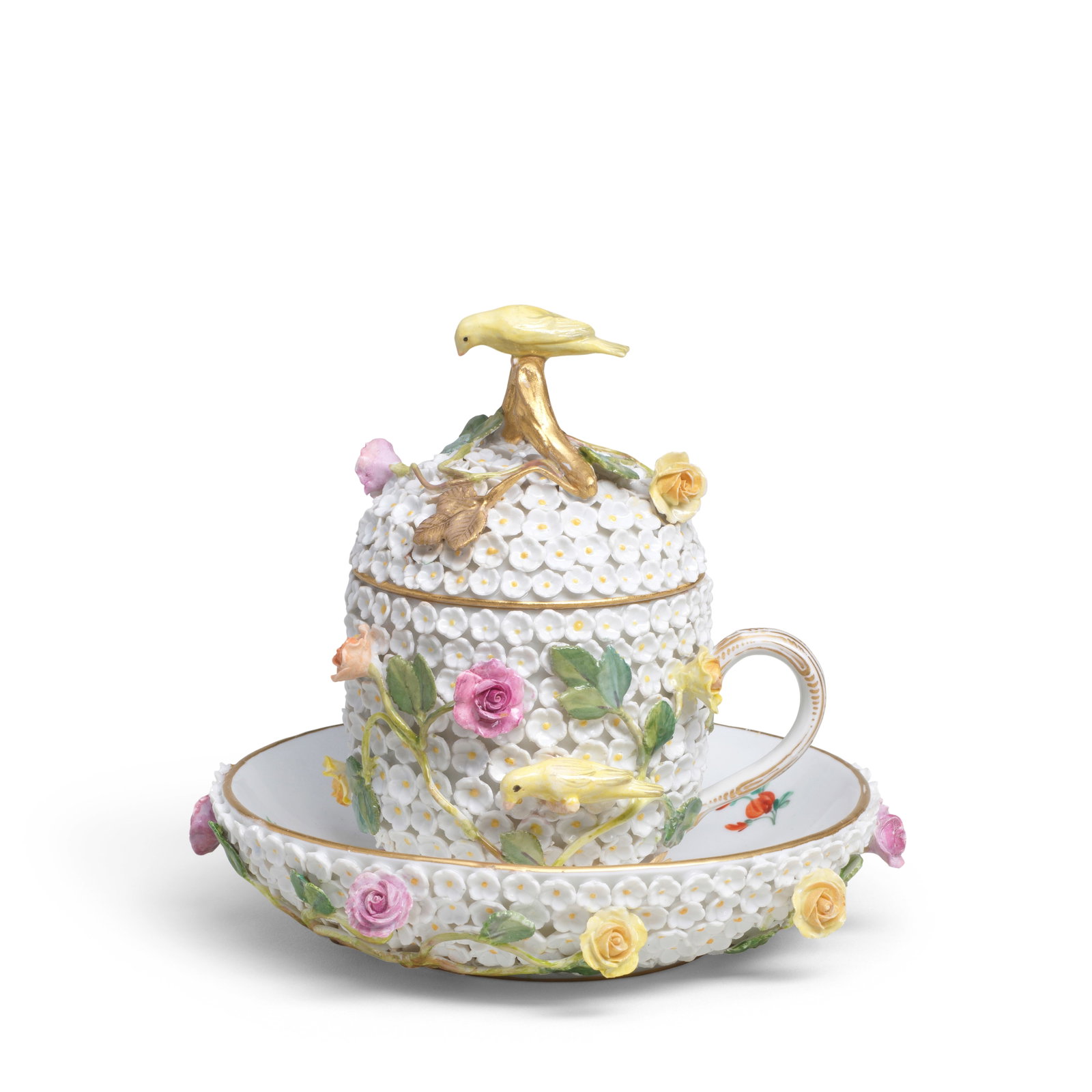 A Meissen 'Schneeballen' cup, cover and saucer, late 19th century: A Meissen 'Schneeballen' cup, cover and saucer, late 19th century Applied with a dense ground of mayflowers and green and gilt trailing leafy branches with flowers and perching yellow birds, the cover