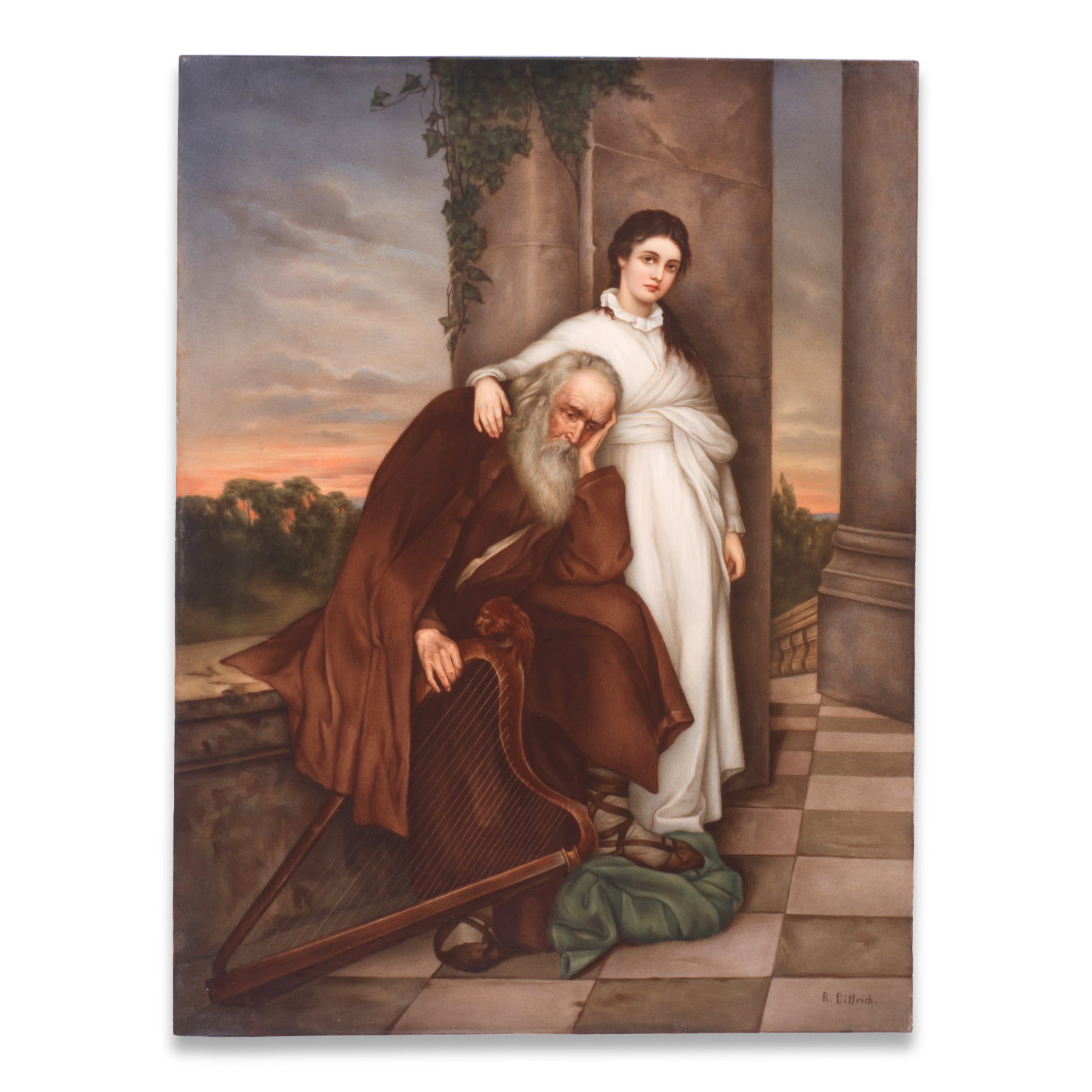A large Berlin KPM plaque depicting Mignon and the Harpist by Rudolph Dittrich, late 19th century: A large Berlin KPM plaque depicting Mignon and the Harpist by Rudolph Dittrich, late 19th century Signed l.r. 'R. Dittrich', after the 1877 painting by Cuno von Bodenhausen (1852-1931), titled on the 