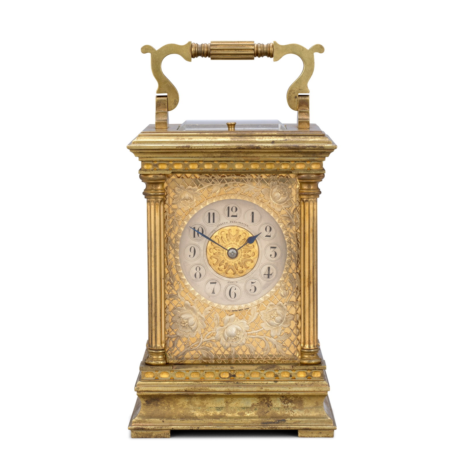 A large late 19th century French carriage clock with silvered dial and foliate lattice panels Re... (1 of 1)