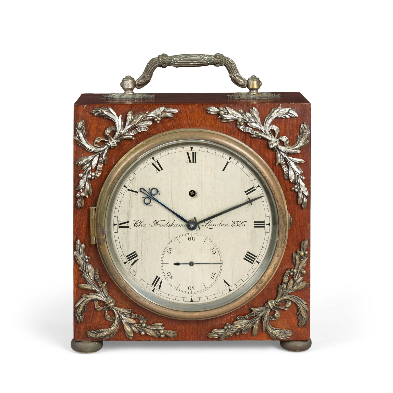 A rare early 20th century rosewood library timepiece Charles Frodsham, London, number 2325: A rare early 20th century rosewood library timepiece Charles Frodsham, London, number 2325 The square case surmounted by a substantial ribbon-tied reeded foliate handle over plain sides and squat bun 