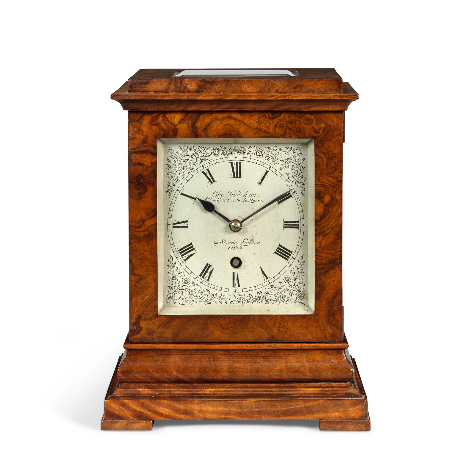 A late 19th century burr walnut veneered library timepiece Charles Frodsham, 84 The Strand, L...: A late 19th century burr walnut veneered library timepiece Charles Frodsham, 84 The Strand, London, No. 1922 The case with flat top with bevelled glass observation window over a moulded top, the sides