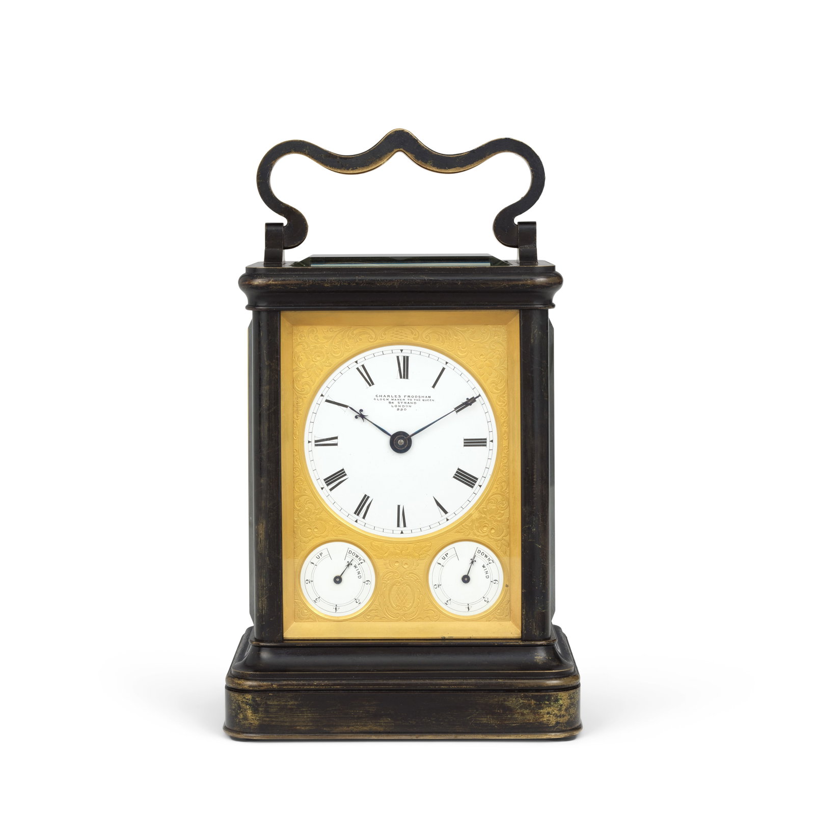 An exceptional mid 19th century English giant patinated brass carriage clock with twin power res... (1 of 1)