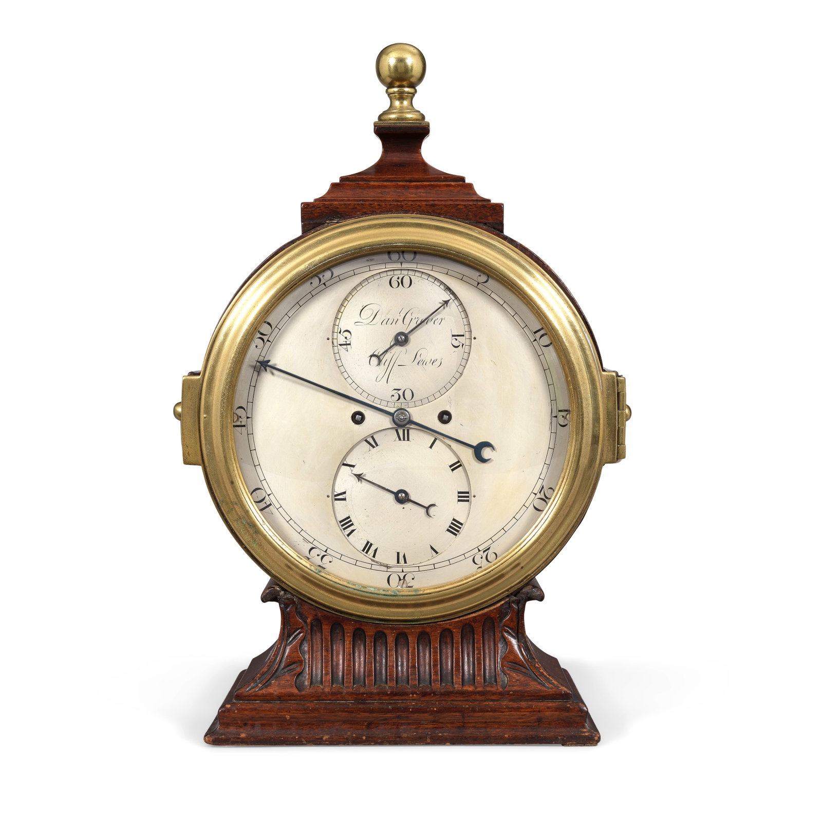A fine and rare late 18th century mahogany table regulator Daniel Grover, Cliff Lewes: A fine and rare late 18th century mahogany table regulator Daniel Grover, Cliff Lewes The drum shaped case surmounted by a bold brass ball finial and mounted to the sides with substantial carrying han