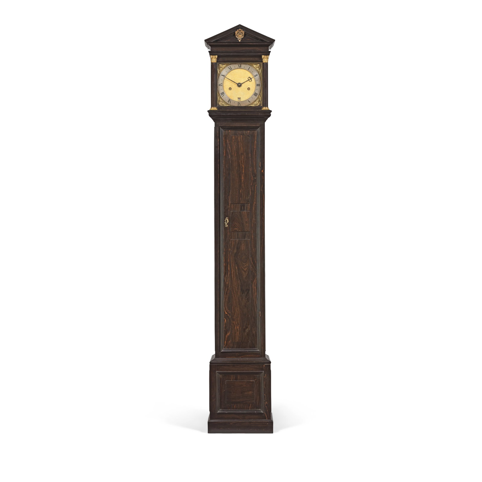 A very rare early pendulum longcase clock movement and dial in a custom made ebony veneered arch... (1 of 1)