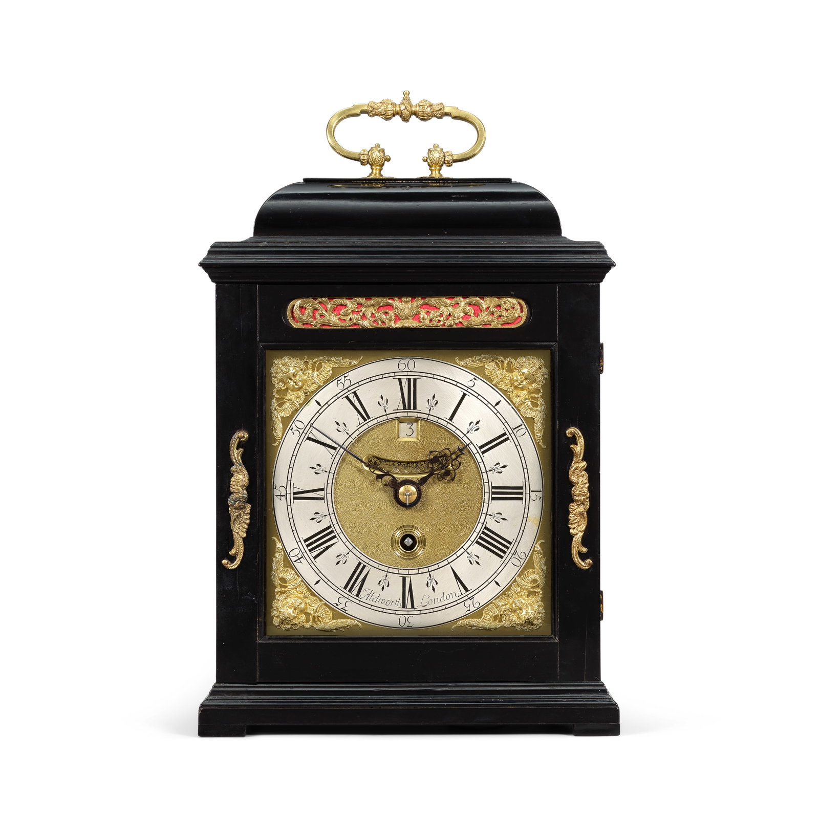 A late 17th century ebony veneered quarter repeating table clock timepiece Samuel Aldworth, Lo...: A late 17th century ebony veneered quarter repeating table clock timepiece Samuel Aldworth, London The case surmounted by a brass carrying handle over a caddy top and moulded cornice, the front with (