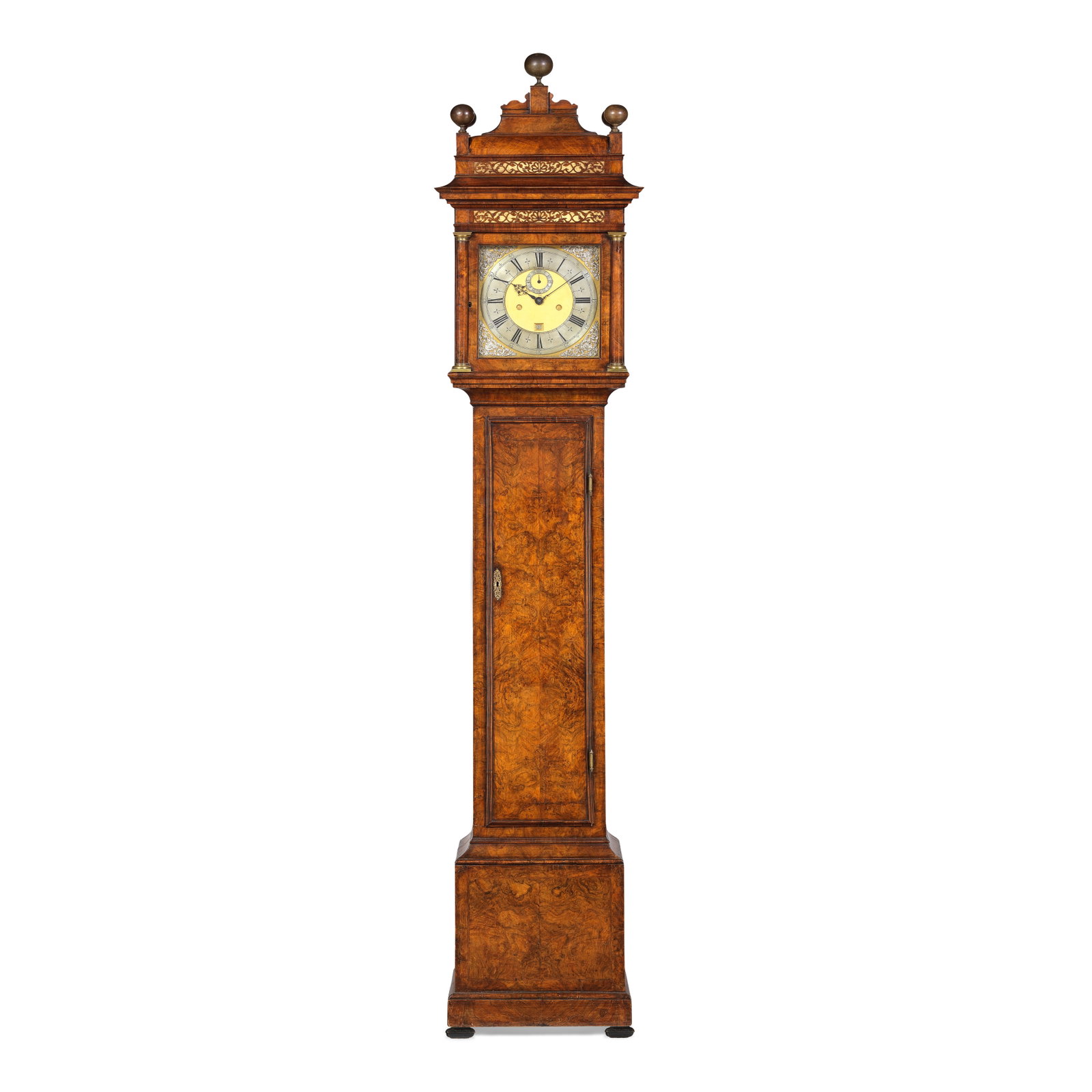 An exceptional early 18th century burr walnut month-going longcase clock Thomas Tompion, London,...: An exceptional early 18th century burr walnut month-going longcase clock Thomas Tompion, London, No. 385 The case surmounted by a large lacquered brass ball finial raised on a pedestal framed by shape