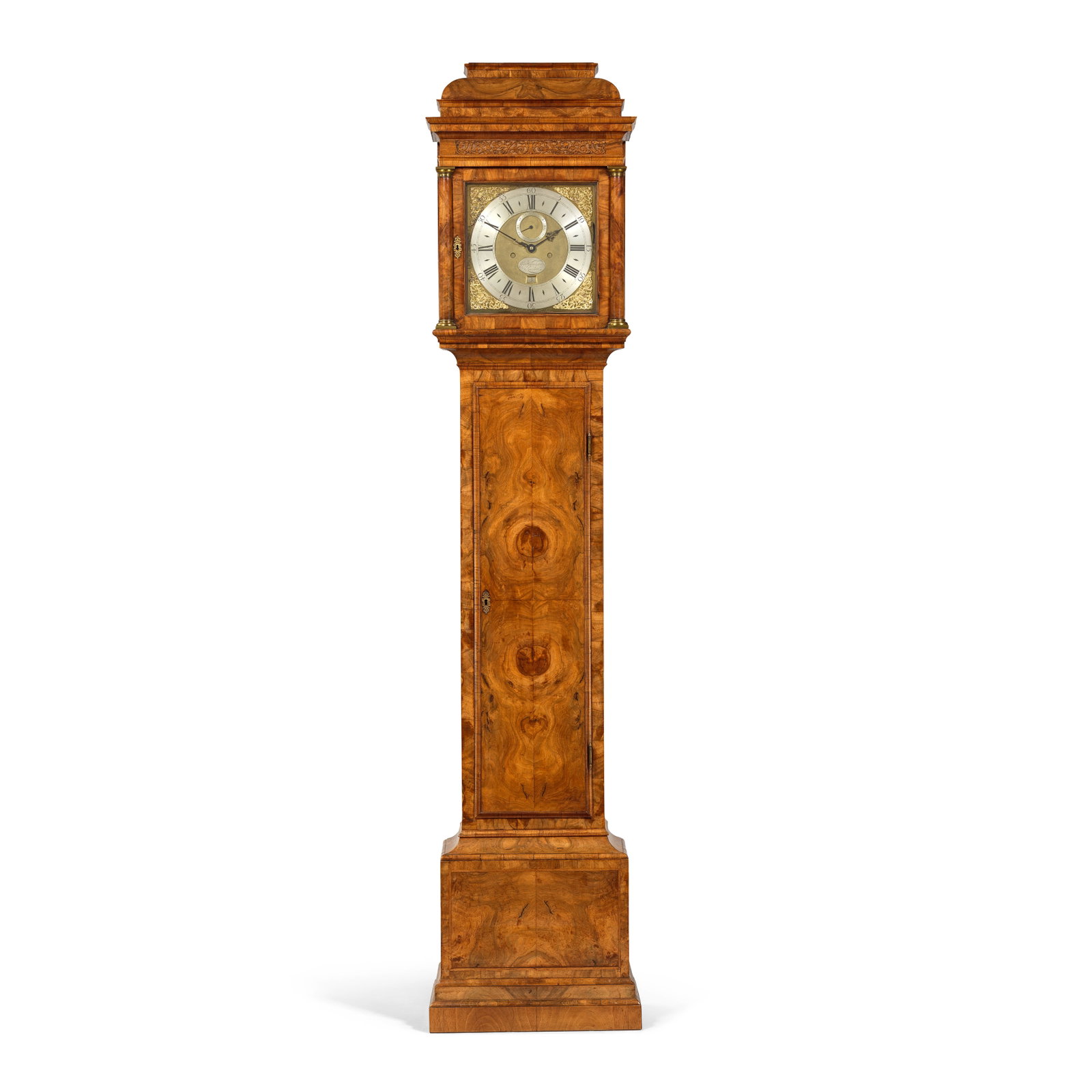 A good early 18th century walnut eight-day longcase clock George Graham, London, No.669: A good early 18th century walnut eight-day longcase clock George Graham, London, No.669 The caddy top over a silk-backed pierced sound fret raised on brass-mounted Doric three-quarter and quarter colu