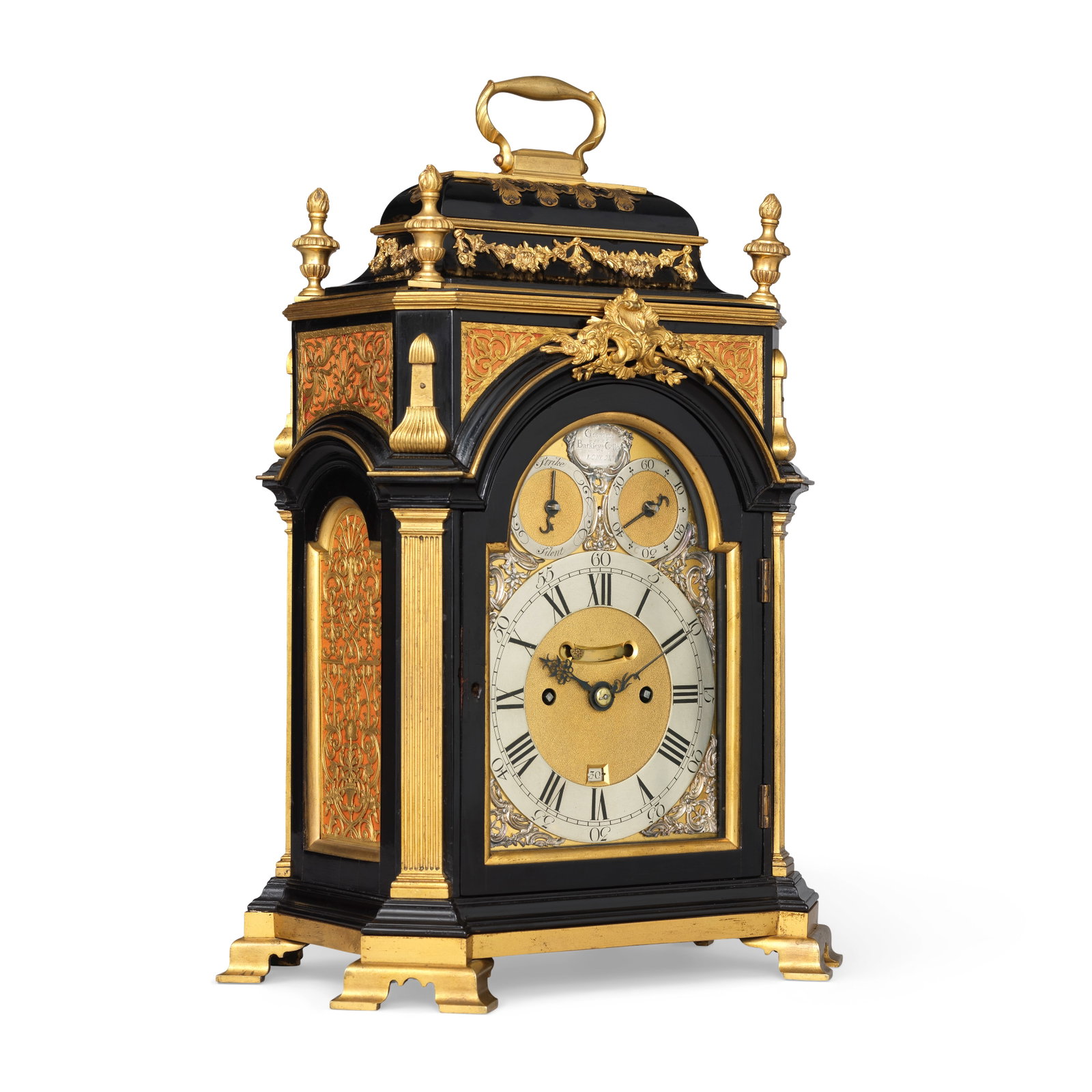 A fine and rare mid 18th century silver- and ormolu-mounted, quarter repeating ebony table clock... (1 of 1)