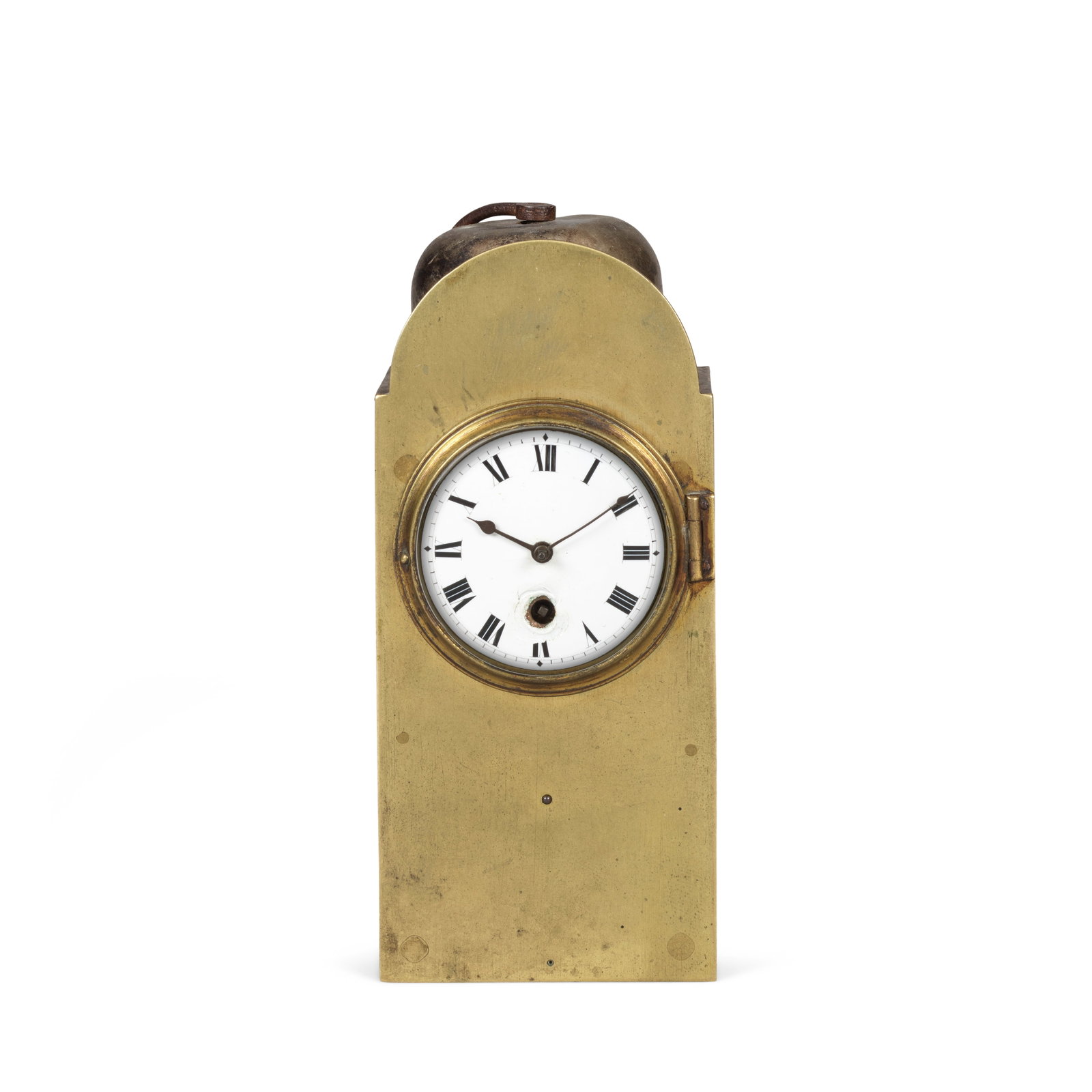 An interesting miniature late 18th/early 19th century travelling alarm timepiece Robert Fle...: An interesting miniature late 18th/early 19th century travelling alarm timepiece Robert Fletcher, Chester The lacquered brass case with break arch front and plain sliding panels to the sides, the back