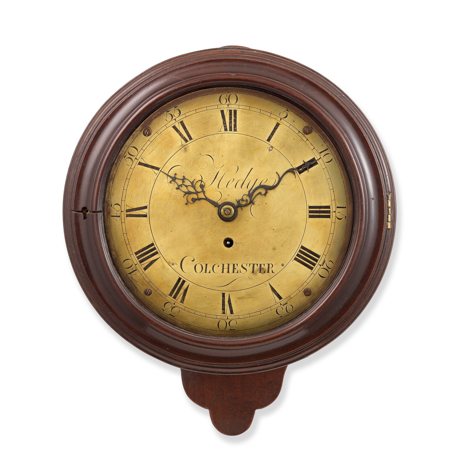 A good late 18th century dial clock with verge escapement Hedge, Colchester: A good late 18th century dial clock with verge escapement Hedge, Colchester The case with turned bezel to the front with lock to the left hand side, to a shaped base with door beneath and to the right