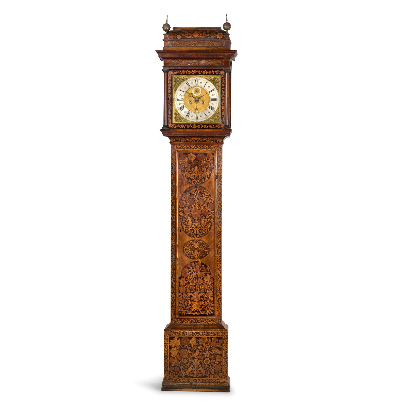 A fine and impressive late 17th century marquetry longcase clock with original printed Equation ...: A fine and impressive late 17th century marquetry longcase clock with original printed Equation of Time Table to the inner door Christopher Gould, London The case surmounted by a caddy top with two pe
