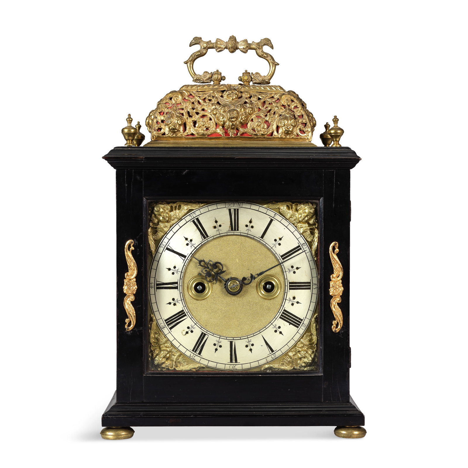 A late 17th century ebony veneered basket top quarter repeating table clock John Wise, London (1 of 1)