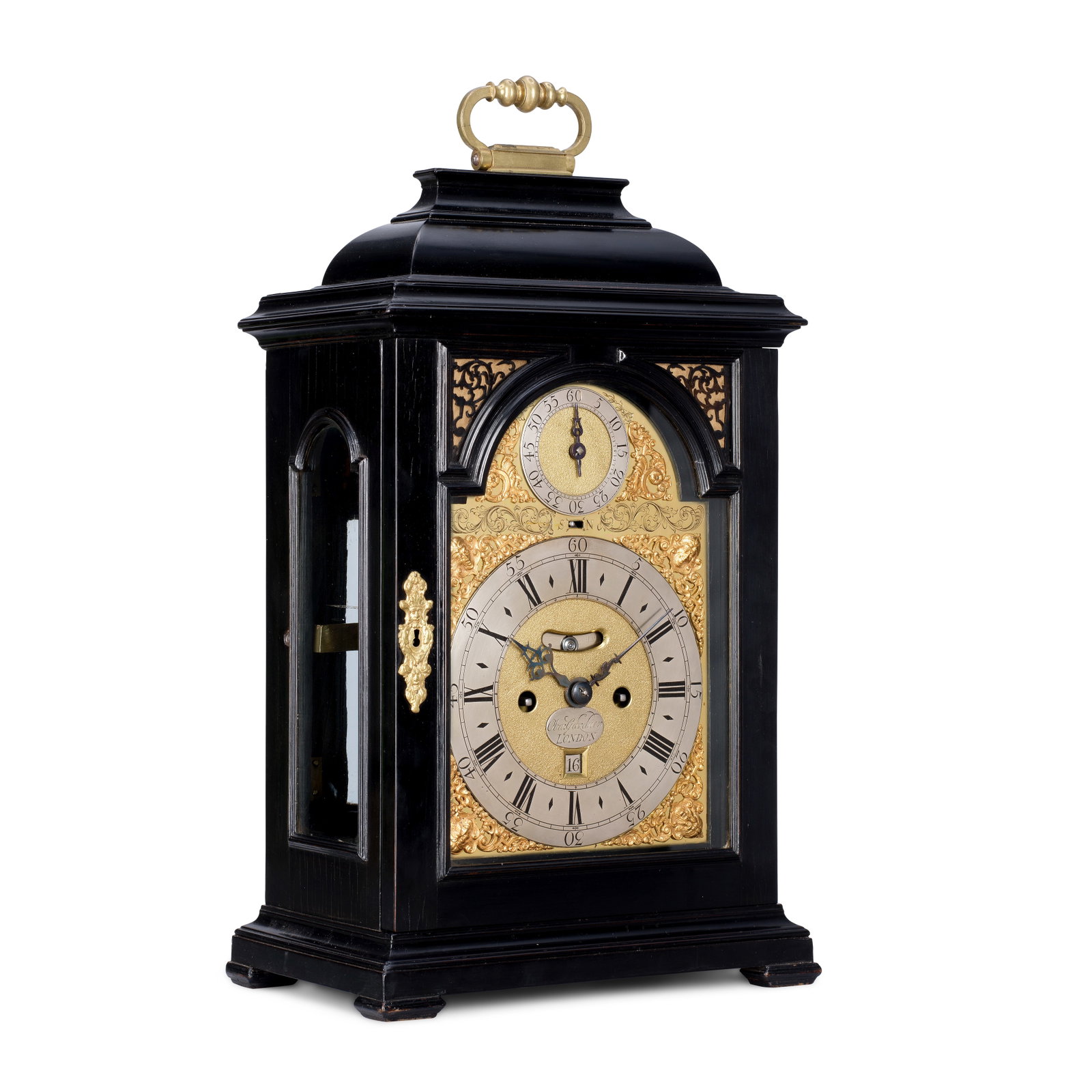 A good early 18th century ebony veneered quarter repeating table clock Obadiah Gardiner, London: A good early 18th century ebony veneered quarter repeating table clock Obadiah Gardiner, London The case surmounted by a brass knopped carrying handle over an inverted bell top with moulded surround, 