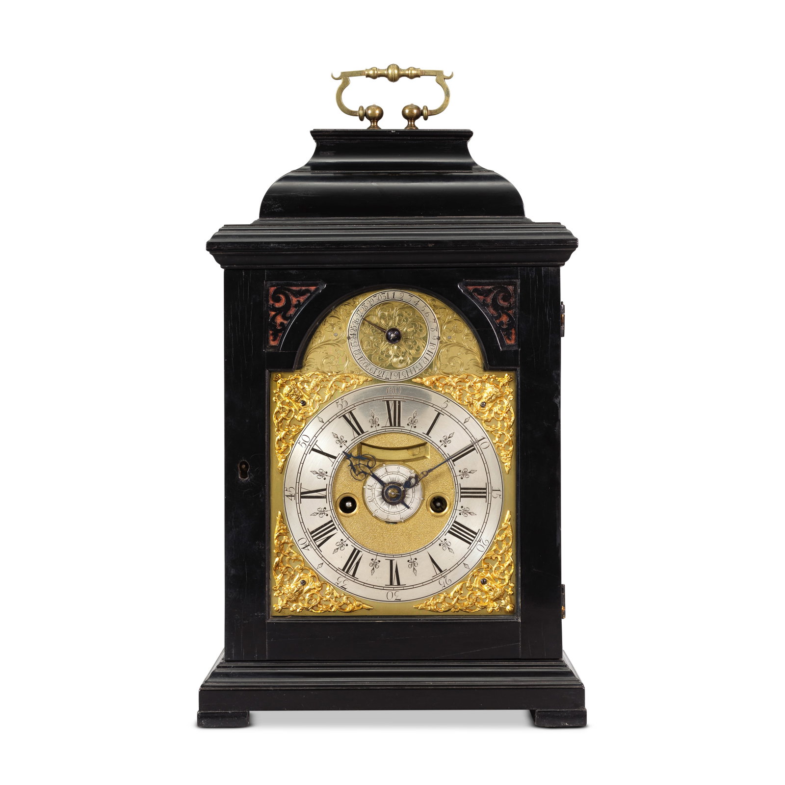 An early 18th century ebony veneered quarter repeating table clock timepiece with alarm and sile...: An early 18th century ebony veneered quarter repeating table clock timepiece with alarm and silent escapement Henry Massy, London The inverted bell top case surmounted by a delicate knopped brass hand