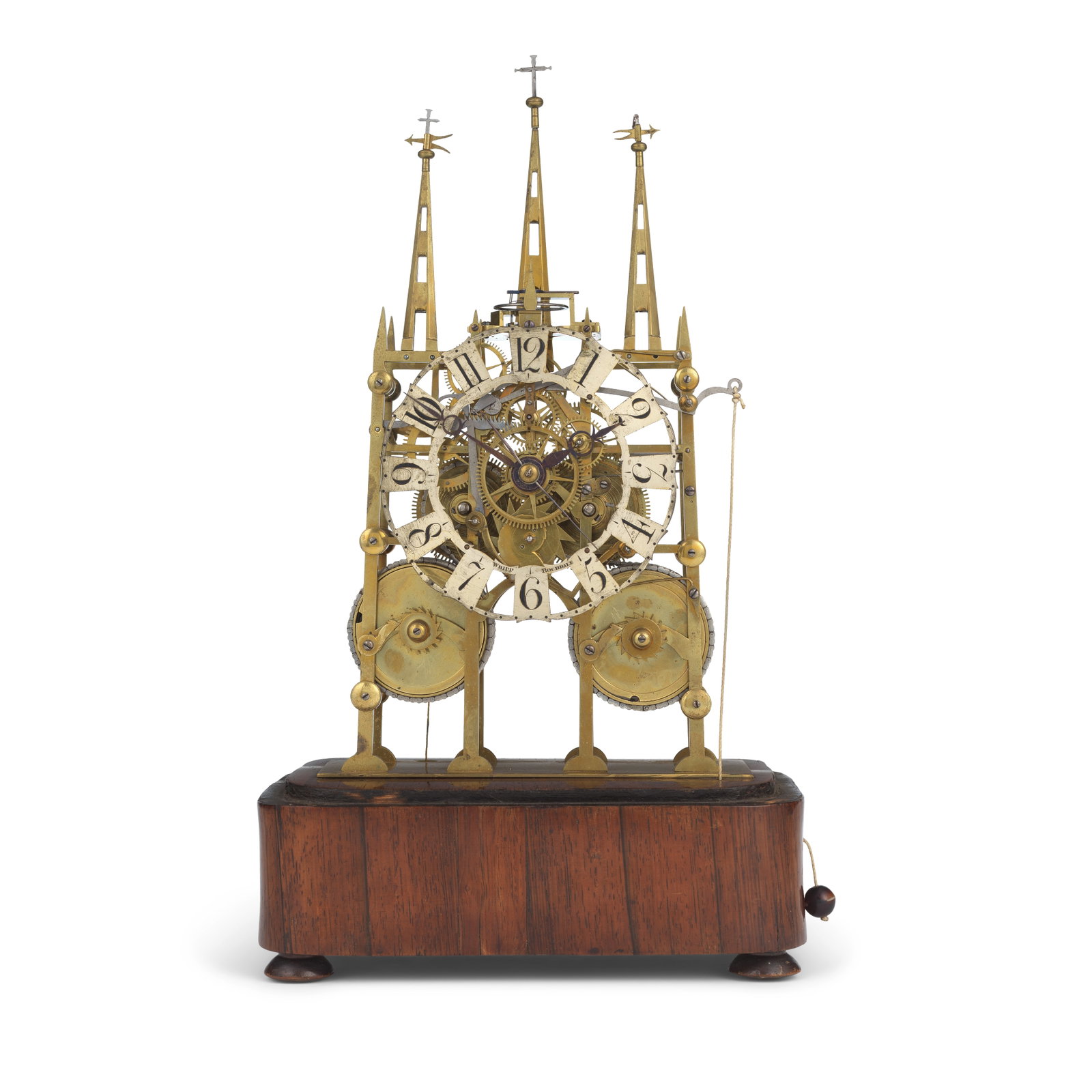 A late 19th century brass 'Litchfield cathedral' striking skeleton clock with lever escapement a... (1 of 1)